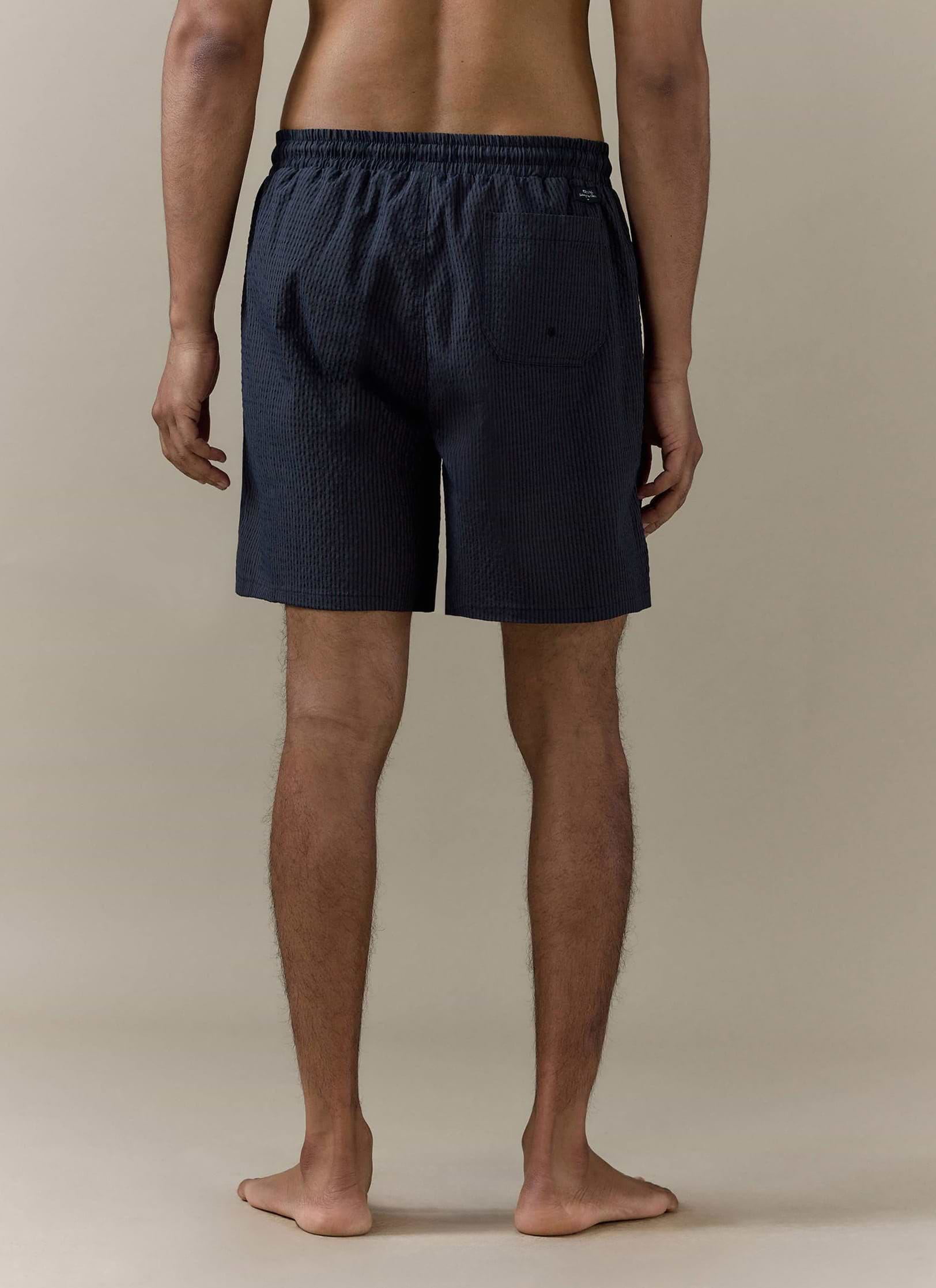 Percival Rowan Seersucker Swim Shorts in navy stripe, shown from the rear to highlight the texture and back pocket.