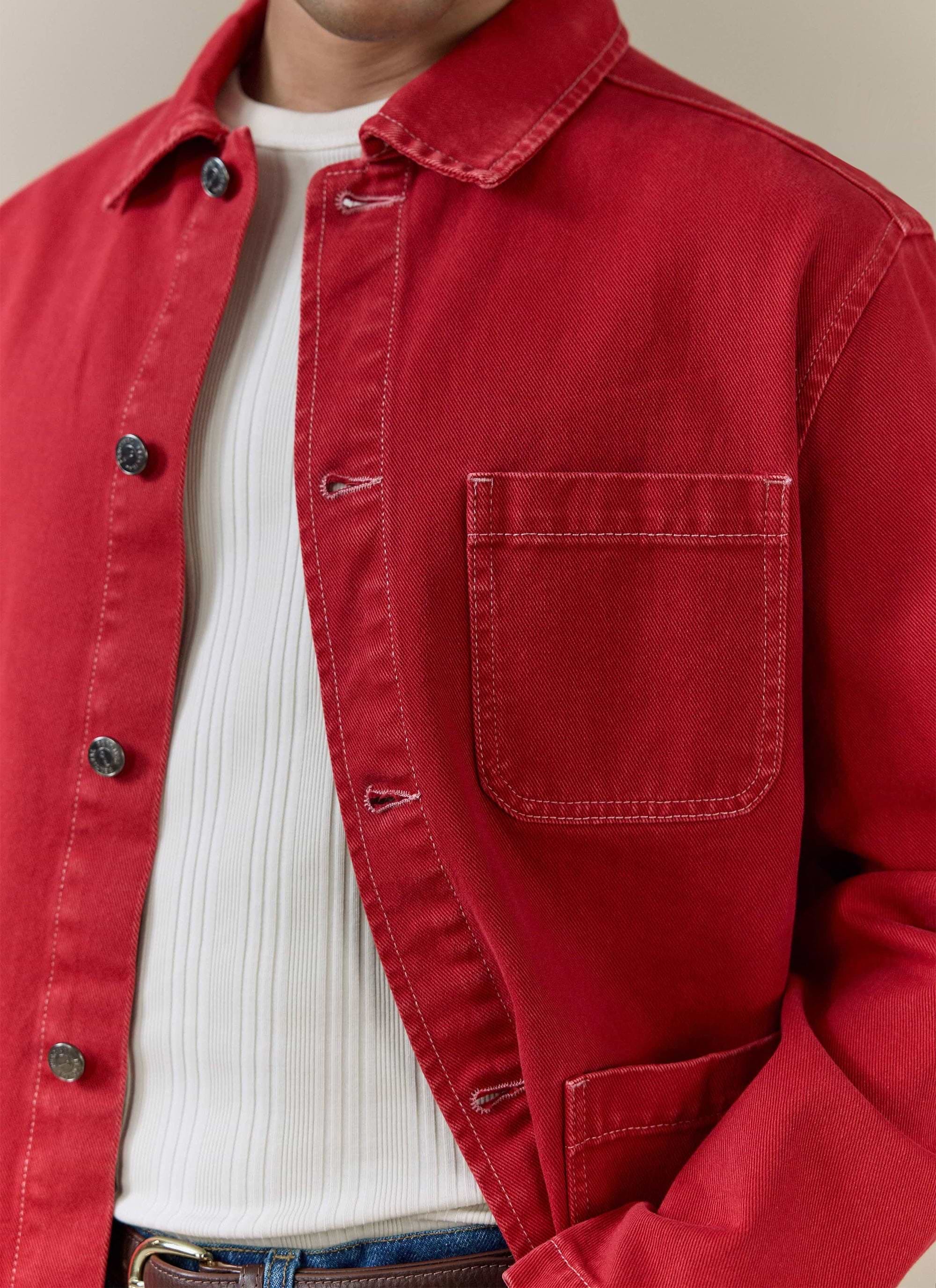 Close-up of the red cotton canvas Oliver Chore Jacket from Percival, showing the vintage wash finish and chest pocket.