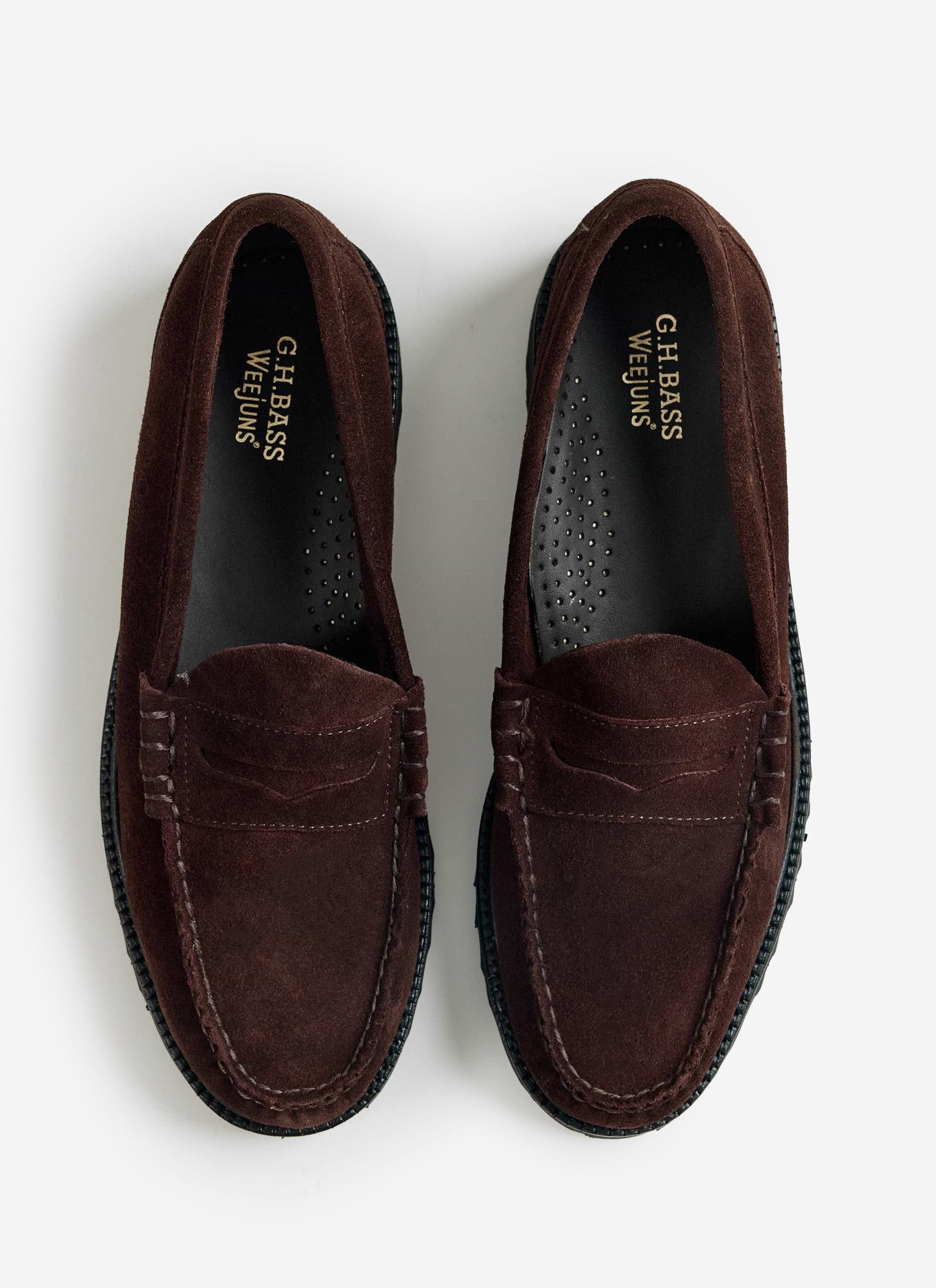 Top-down view of the G.H. Bass Weejun 90 Larson loafers in chocolate suede, available from Percival.