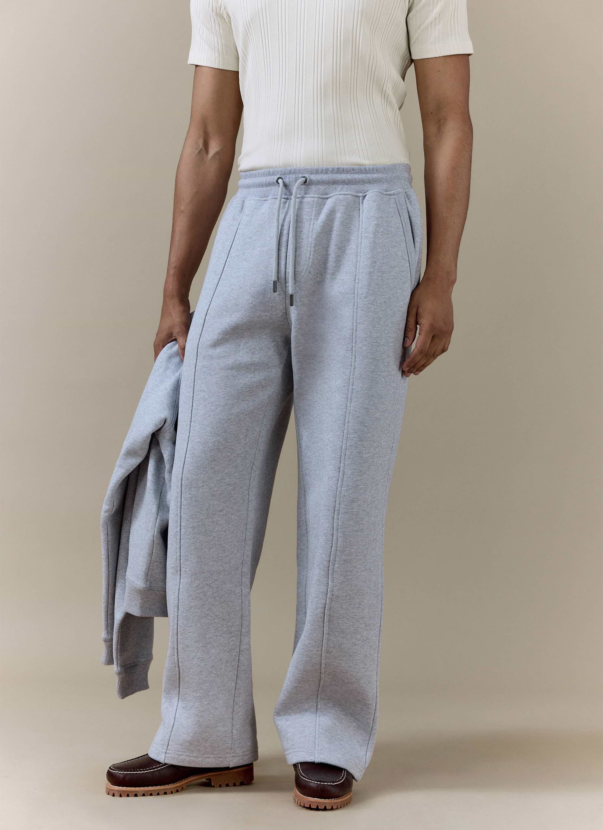 Percival Chronicle Straight Leg Trackpants in grey cotton jersey, featuring a drawstring waist and front seam detail.