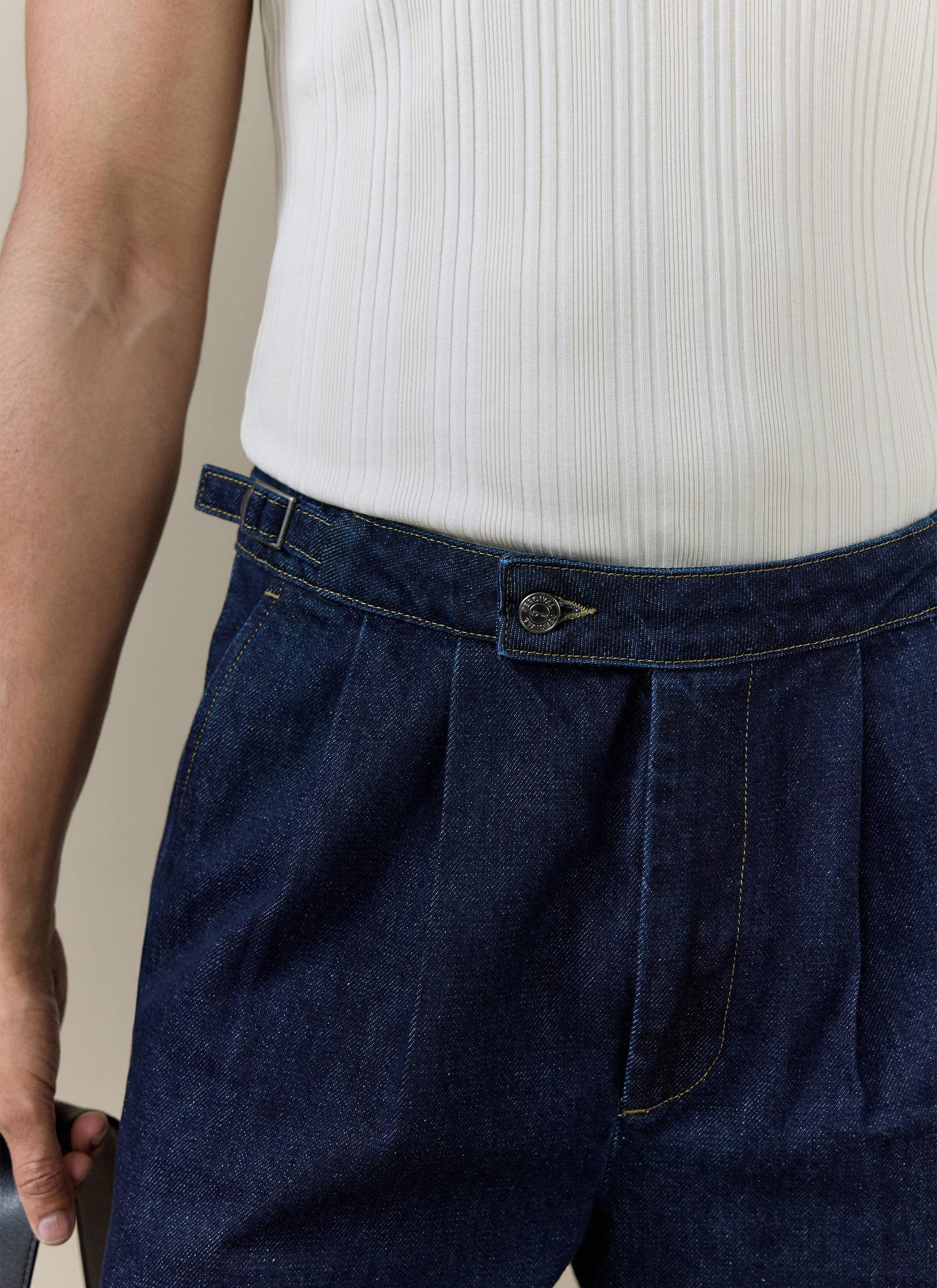 Percival dark indigo Blake double pleated denim shorts, the smarter half of our matching Harley shirt set.