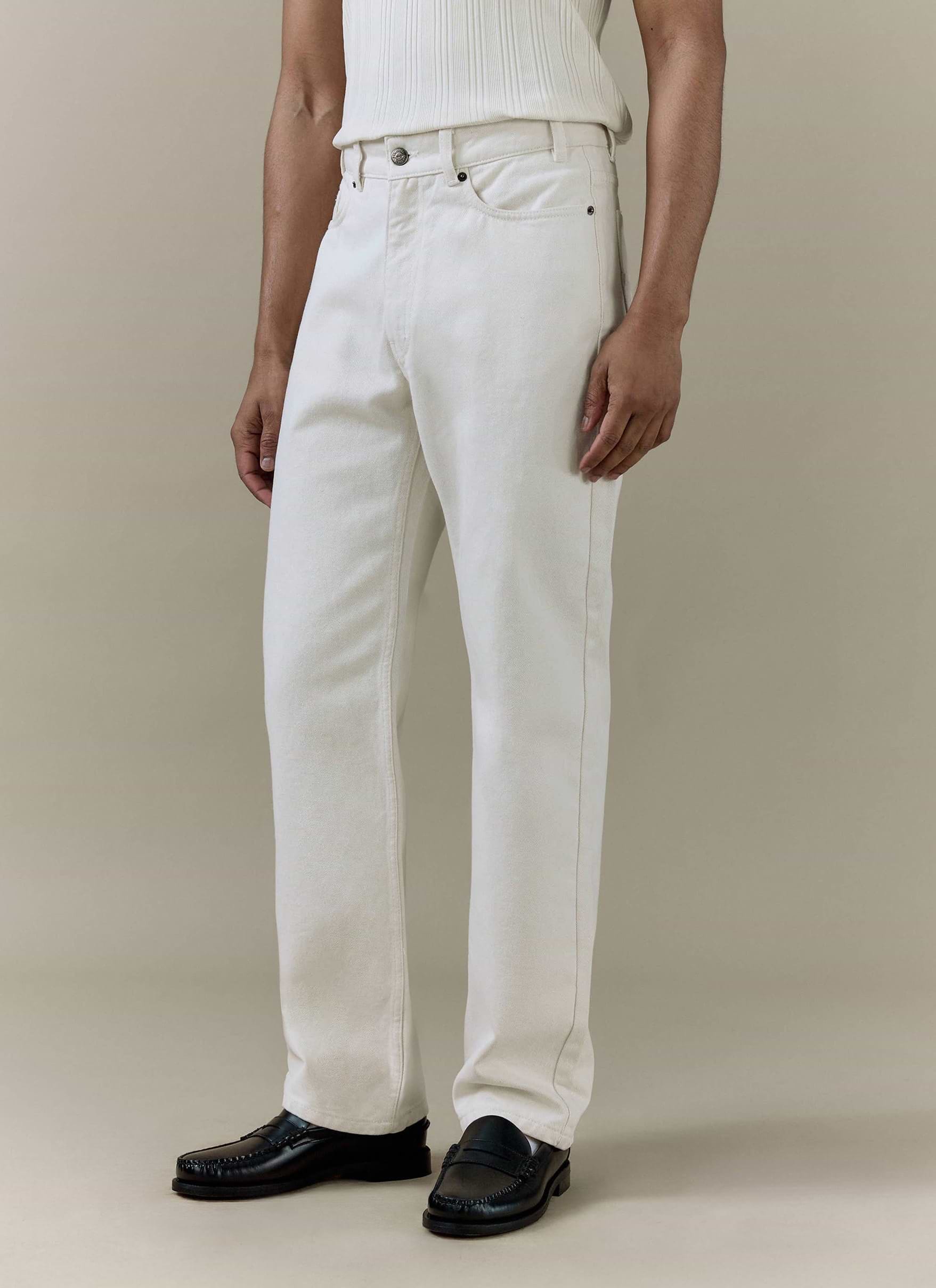 Percival Straight Leg Denim Jeans in cream cotton, showing the clean straight-leg fit and gunmetal button detail.