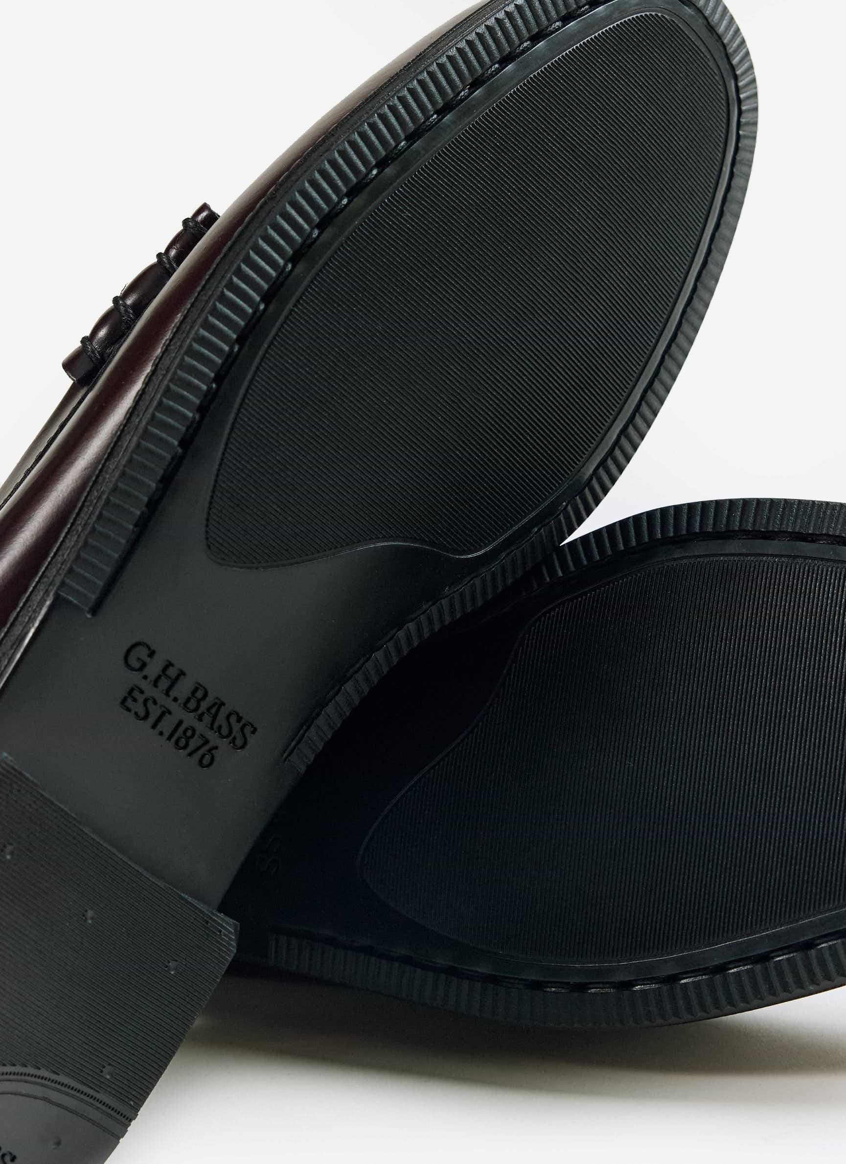 Close-up of the rubber sole and G.H. Bass logo on the Weejun II Larson Moc Penny in wine leather from Percival.