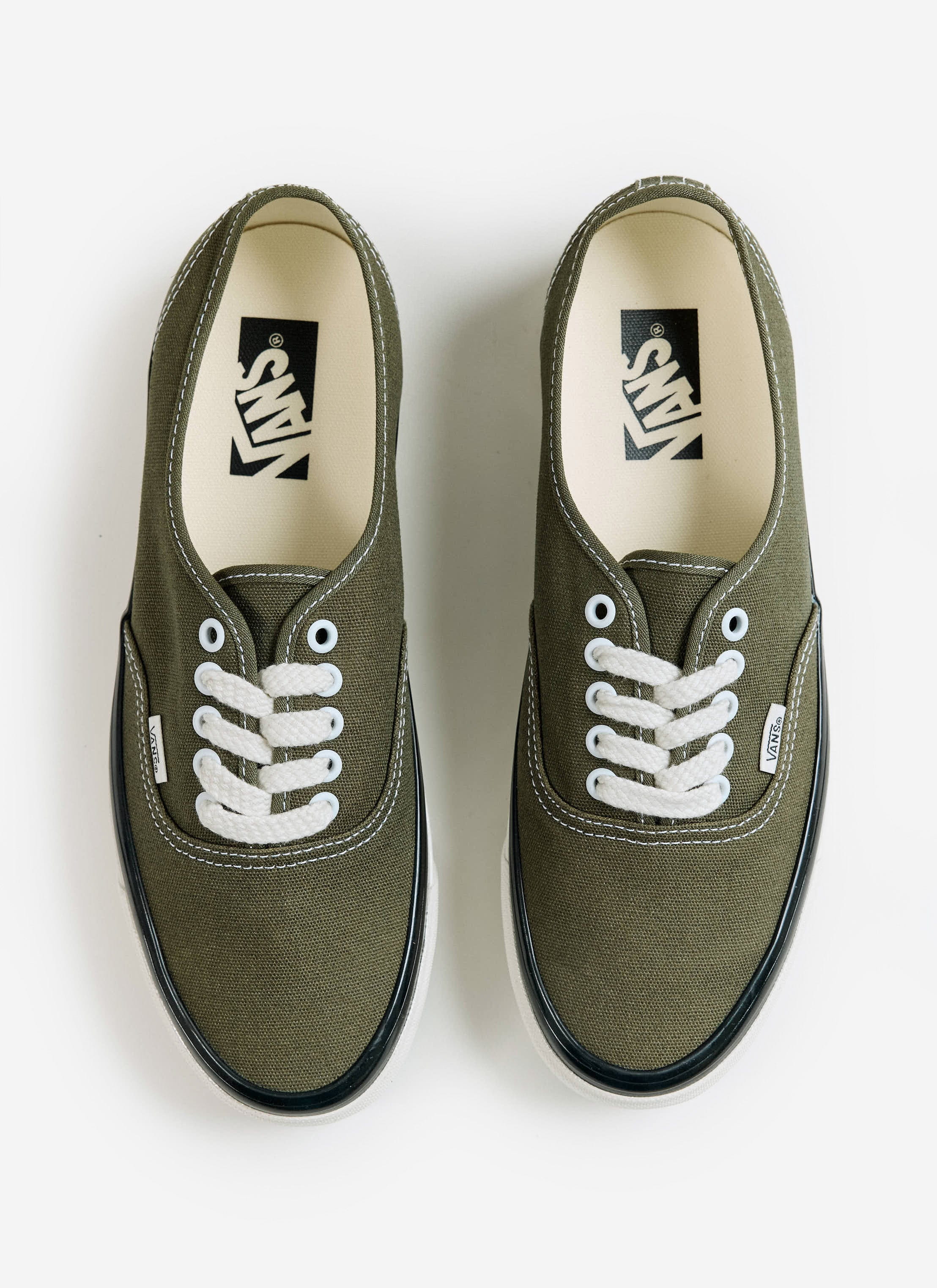 A top-down view of the olive Vans Premium Authentic 44 Shoes, curated by Percival for a classic look.