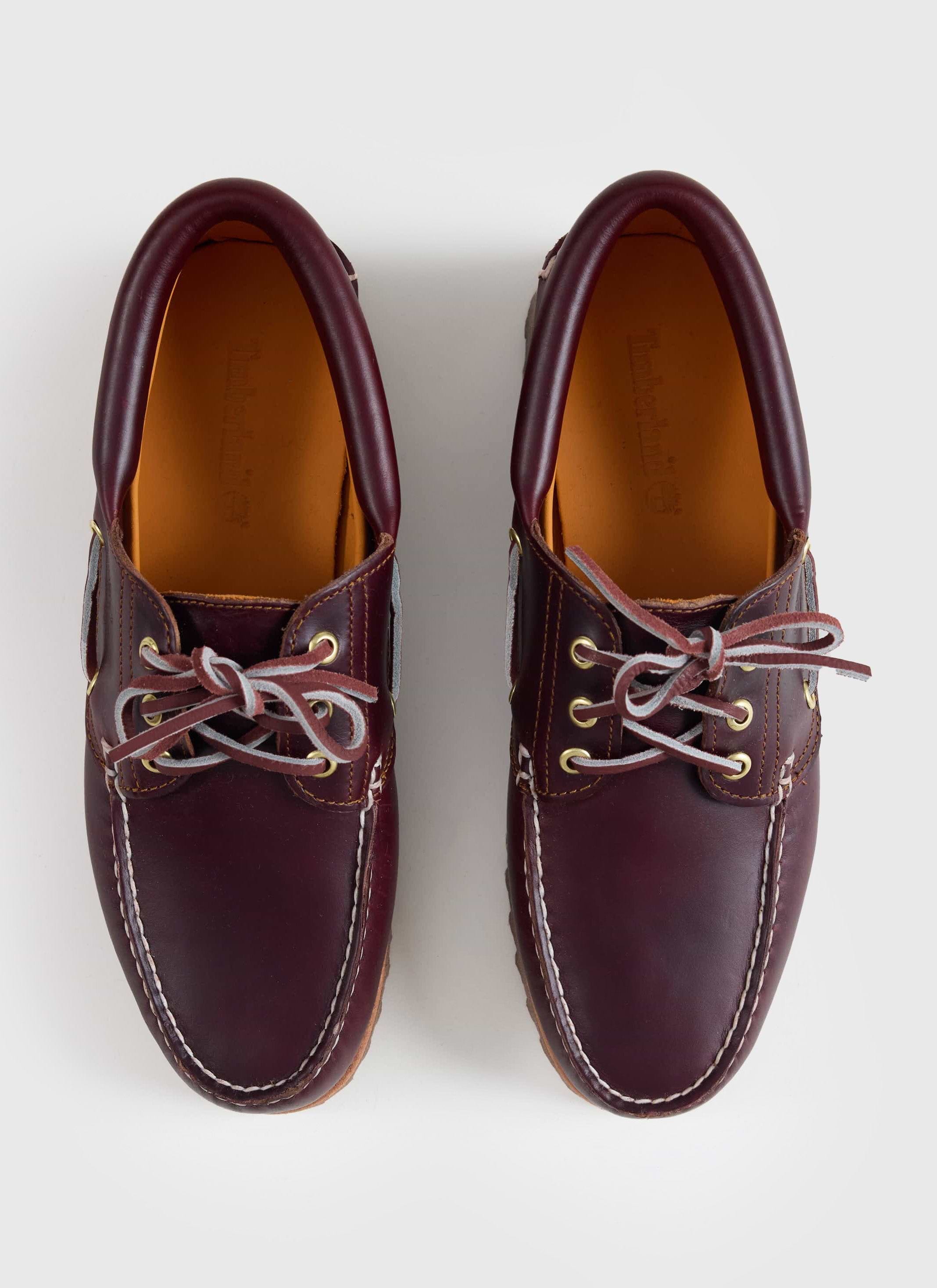 Top-down view of the burgundy leather Timberland Authentic Boat Shoe with contrast stitching, available at Percival.