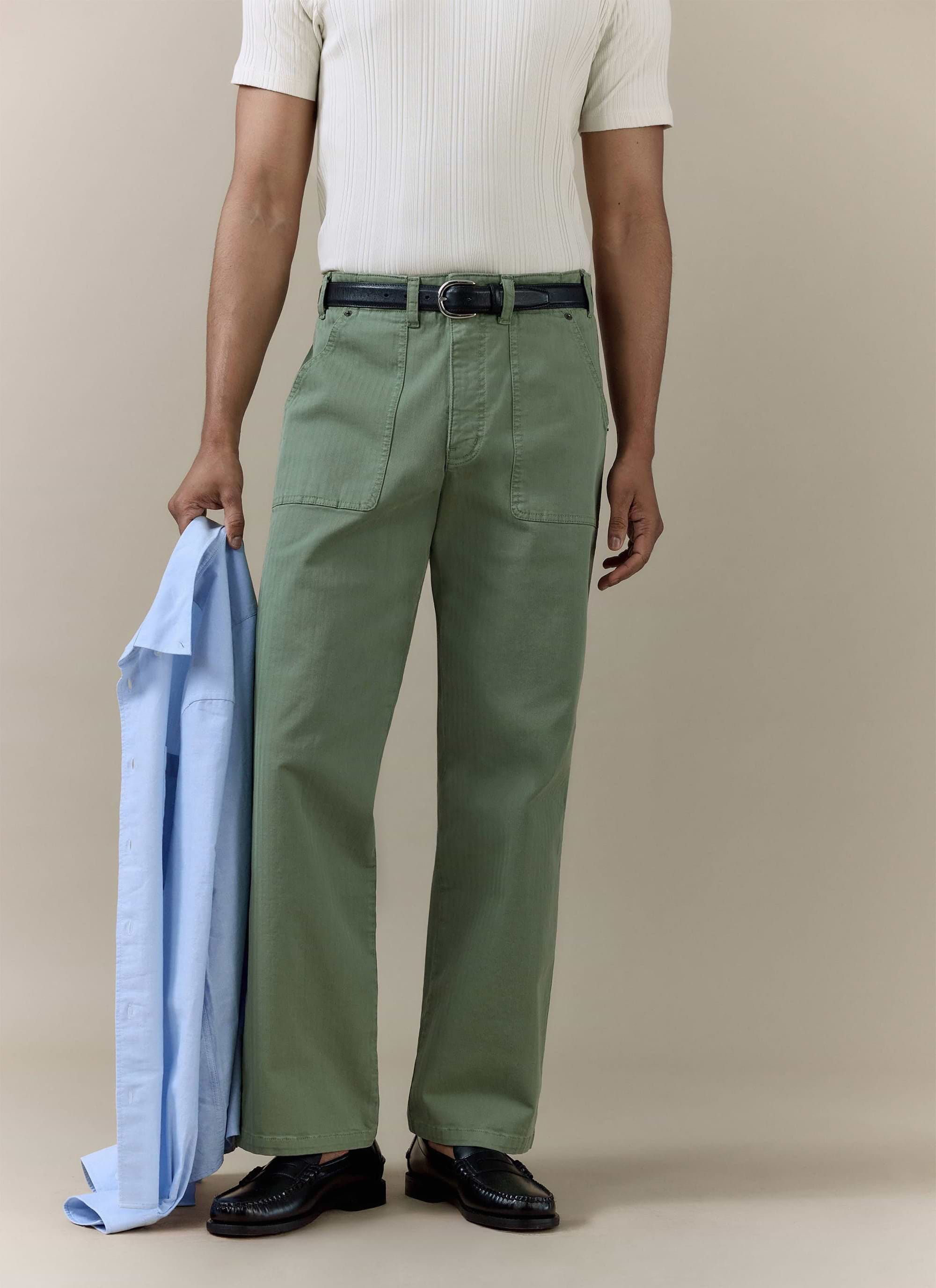 Percival Lungo Herringbone Straight Trousers in sage cotton, featuring a straight leg and front utility pocket detail.