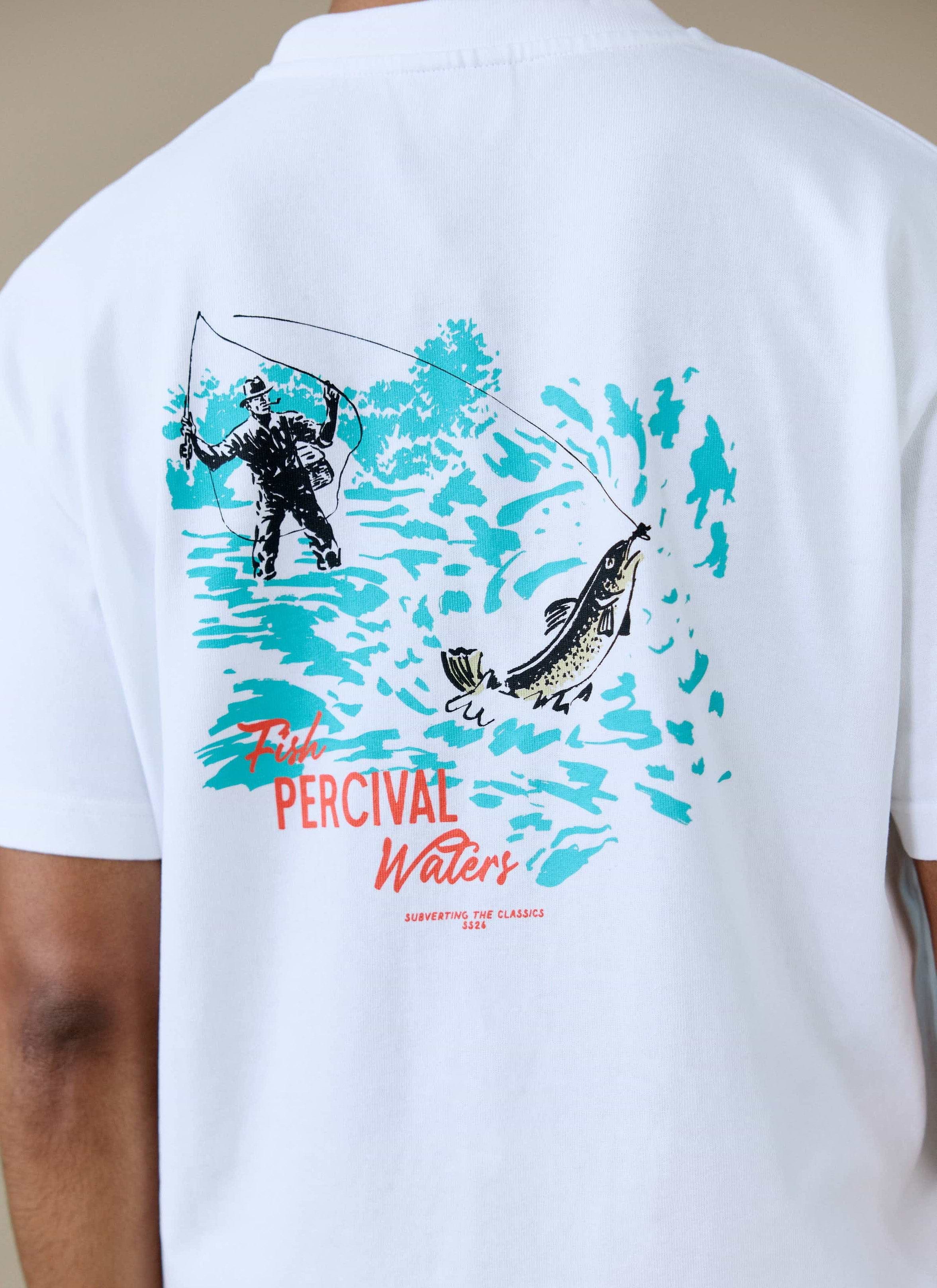 A close-up of the fisherman screen print graphic on the back of the white Percival Perci Waters oversized t-shirt.