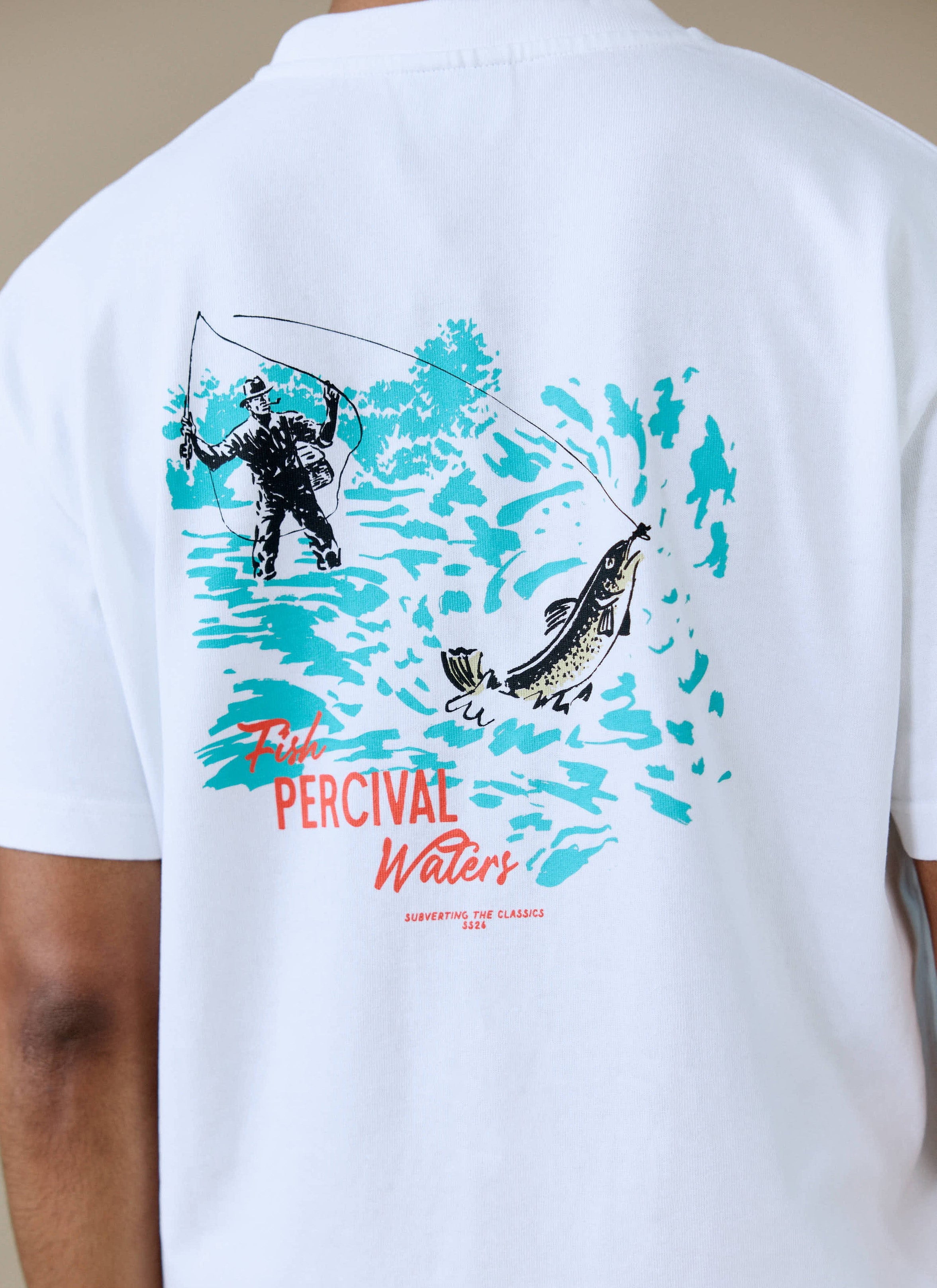 A close-up of the fisherman screen print graphic on the back of the white Percival Perci Waters oversized t-shirt.