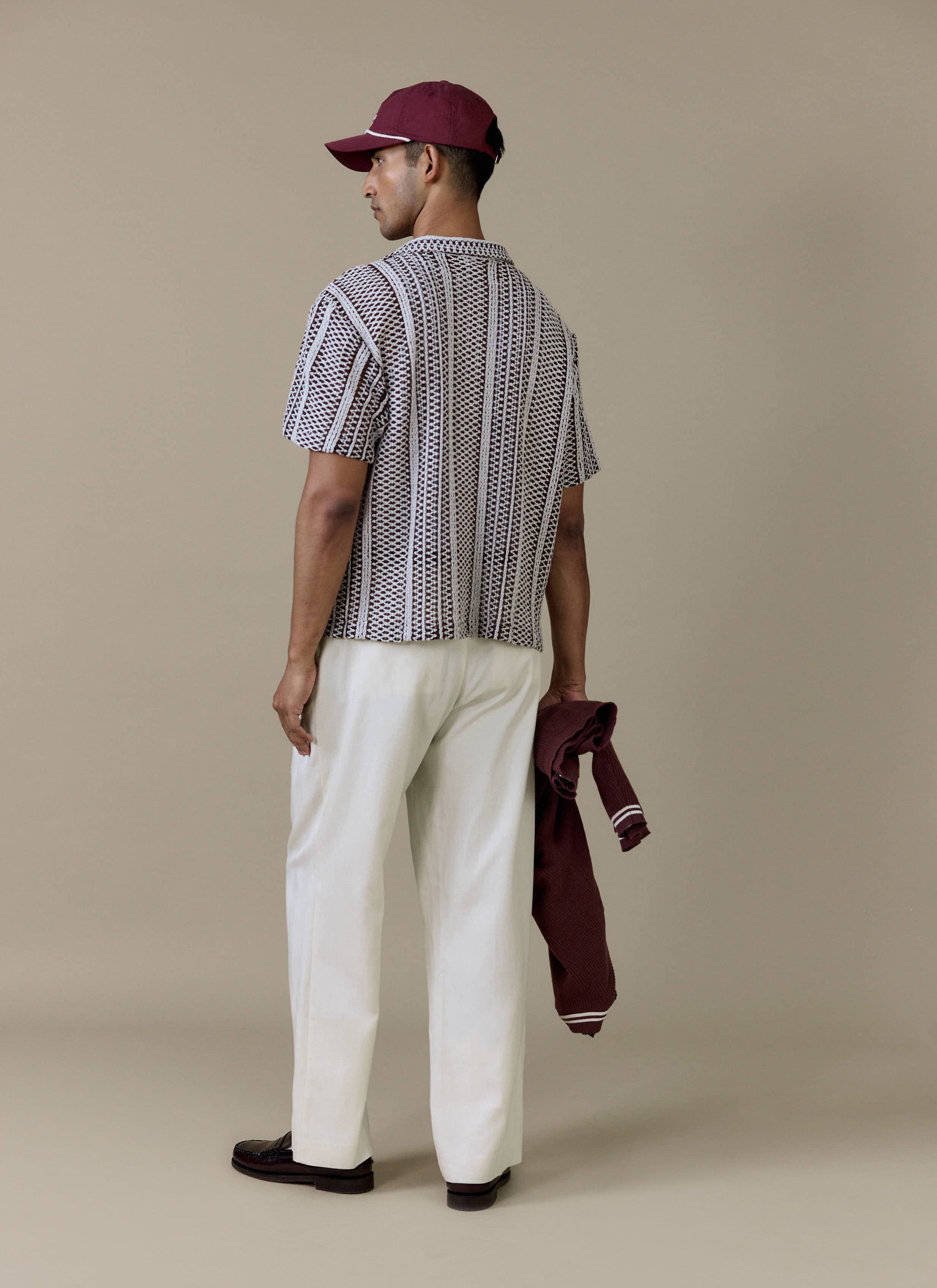 Back view of the Percival Hugh Crochet Boxy Shirt in brown, showing the graphic stripe texture and boxy fit.