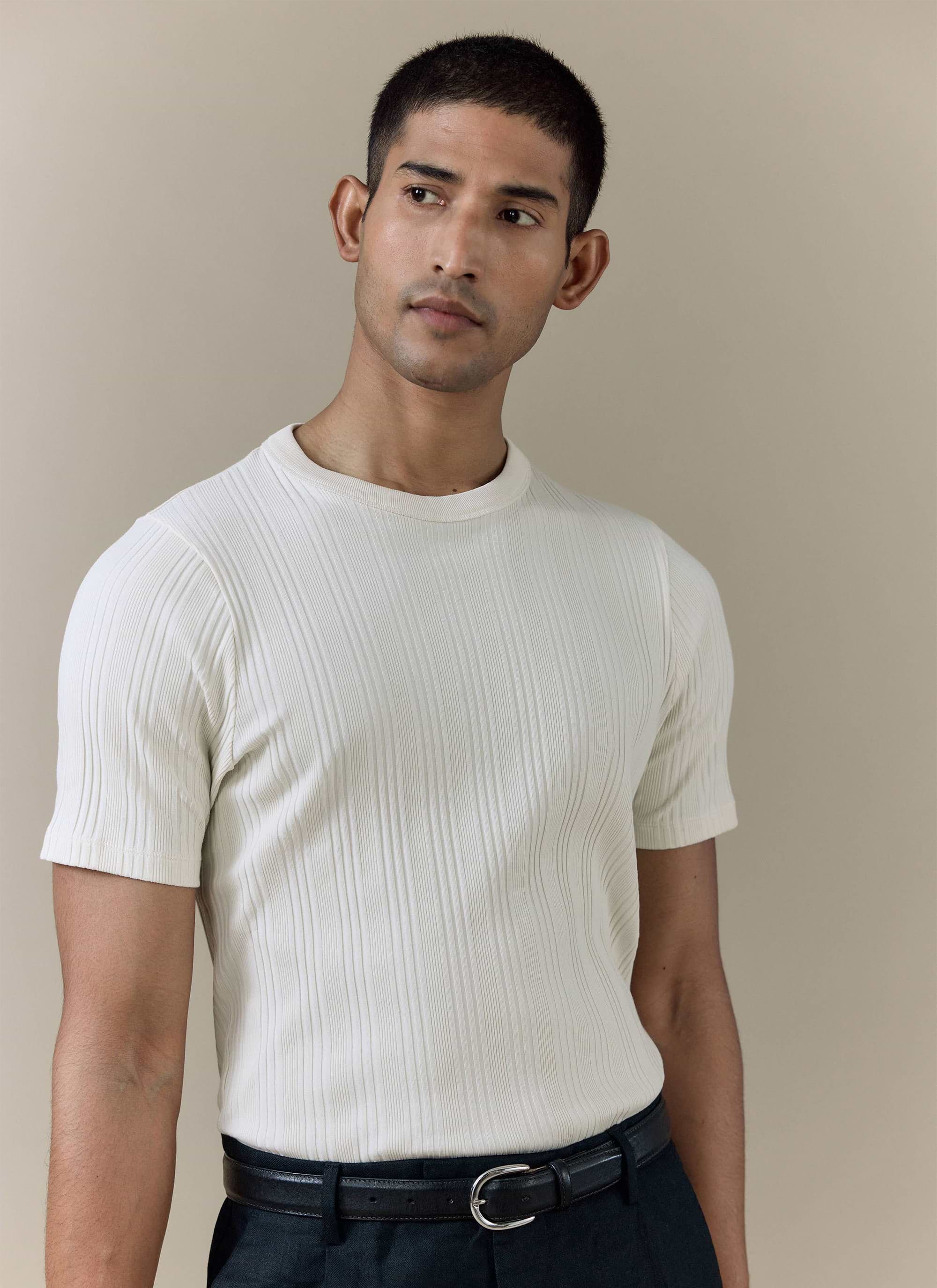 Cream-coloured Percival Leon Ribbed T Shirt in organic cotton, featuring a vertical textured finish and crew neck.