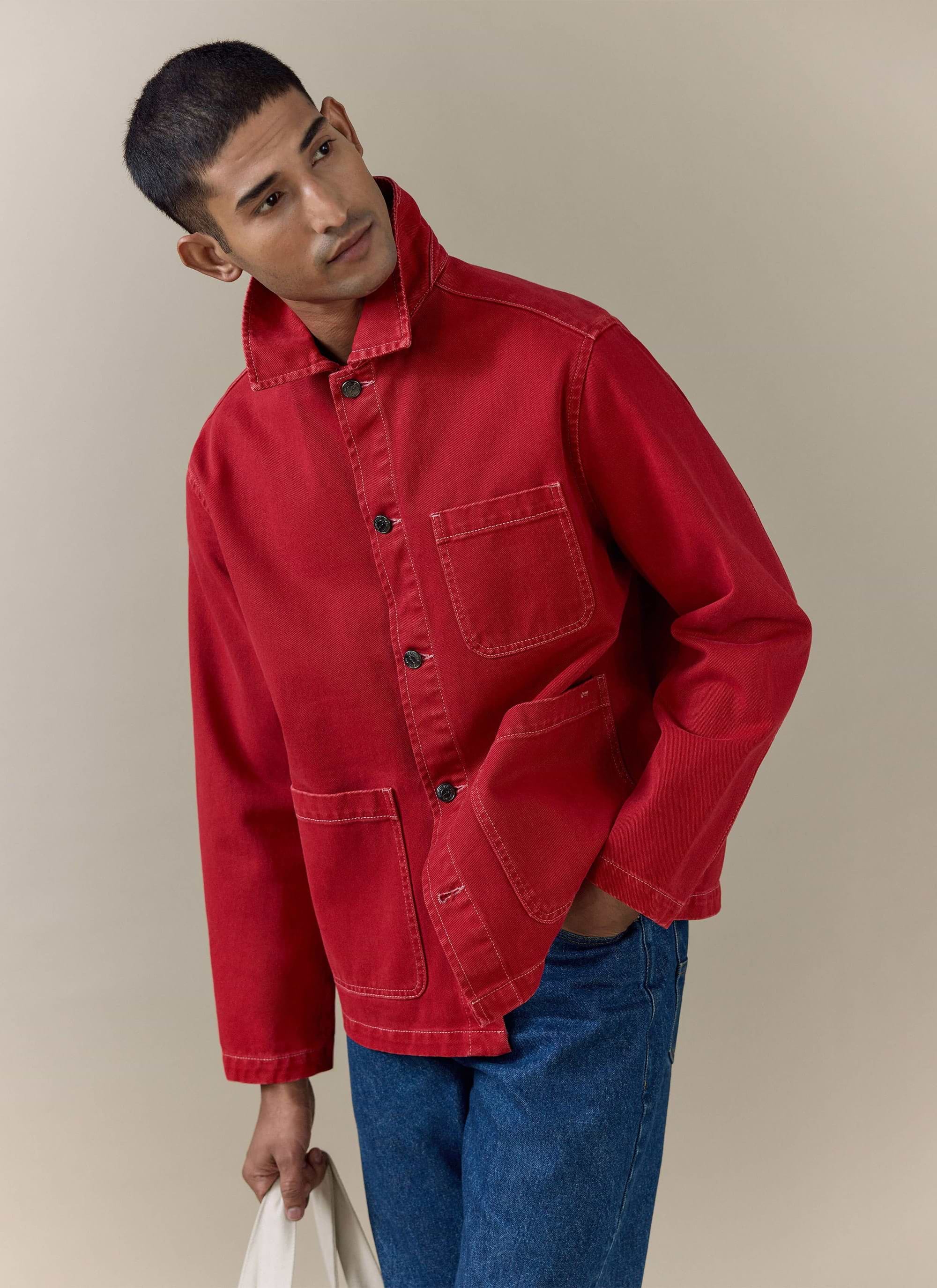 Red cotton canvas Percival Vintage Wash Oliver Chore Jacket featuring white contrast stitching and utility pockets.