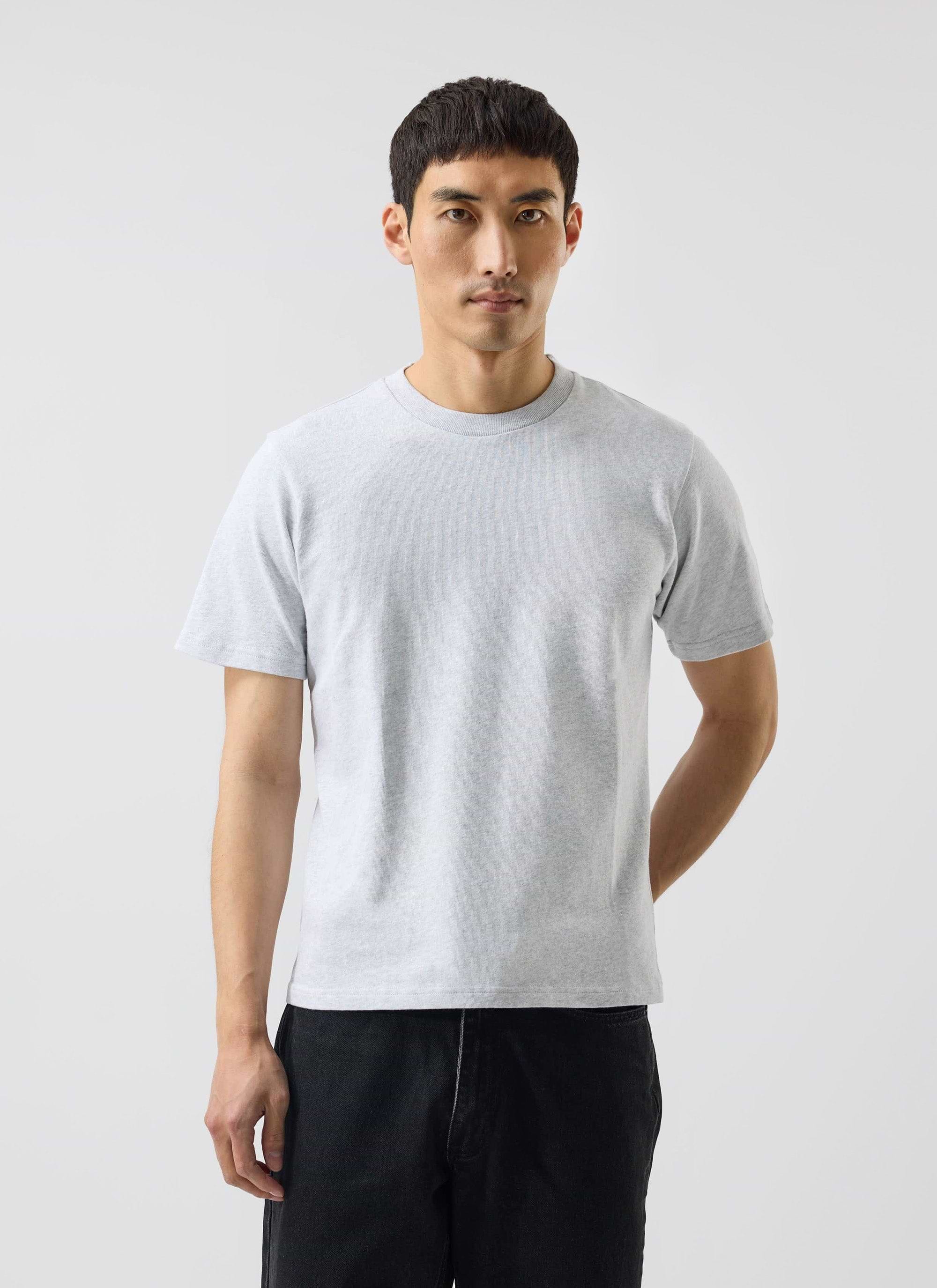 A model wears the Percival Cropped Regular Fit T Shirt in grey organic cotton against a white background.