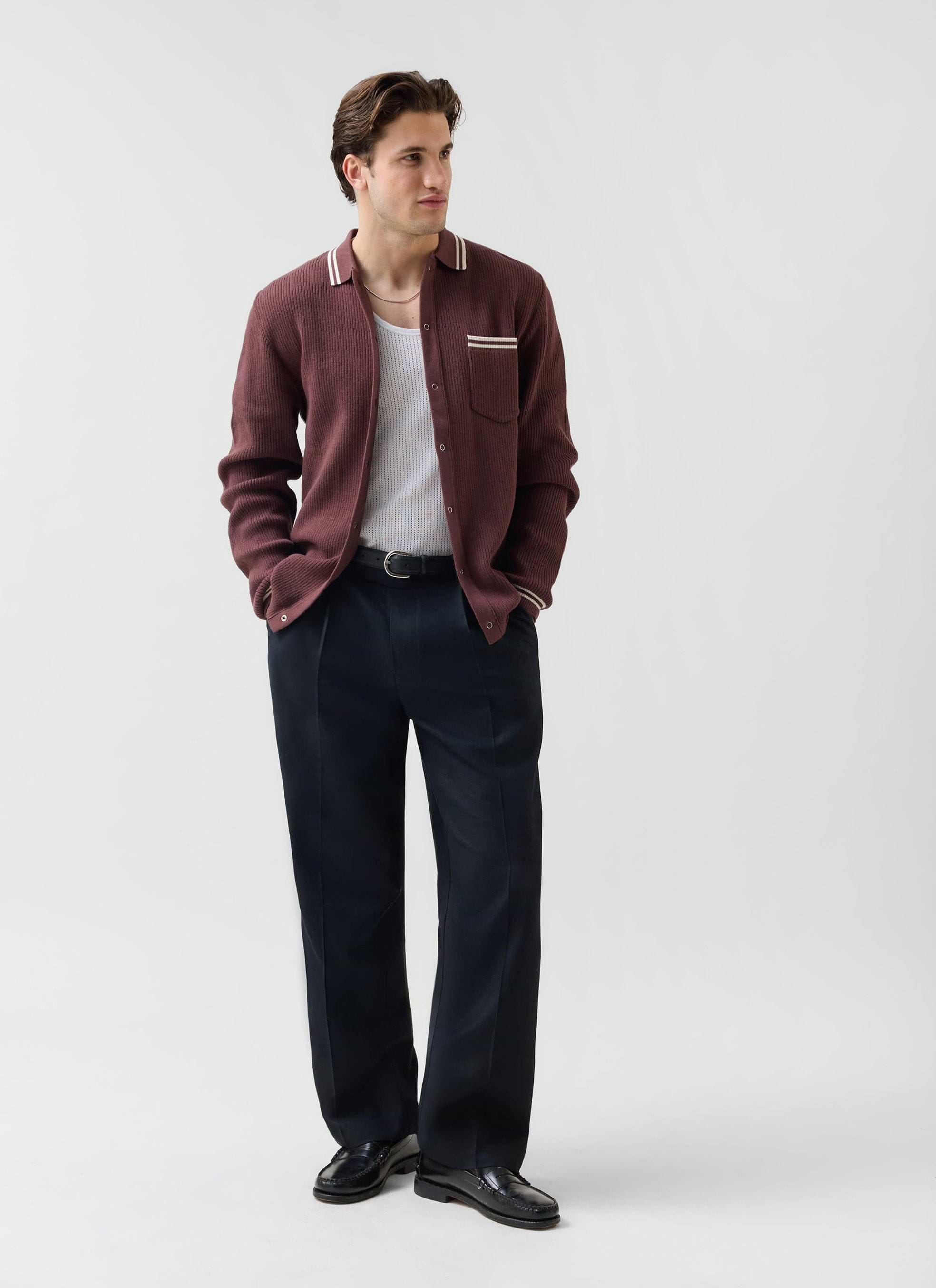 Men's Knit Shirt | Long Sleeve | Cuban Collar | Espresso Brown