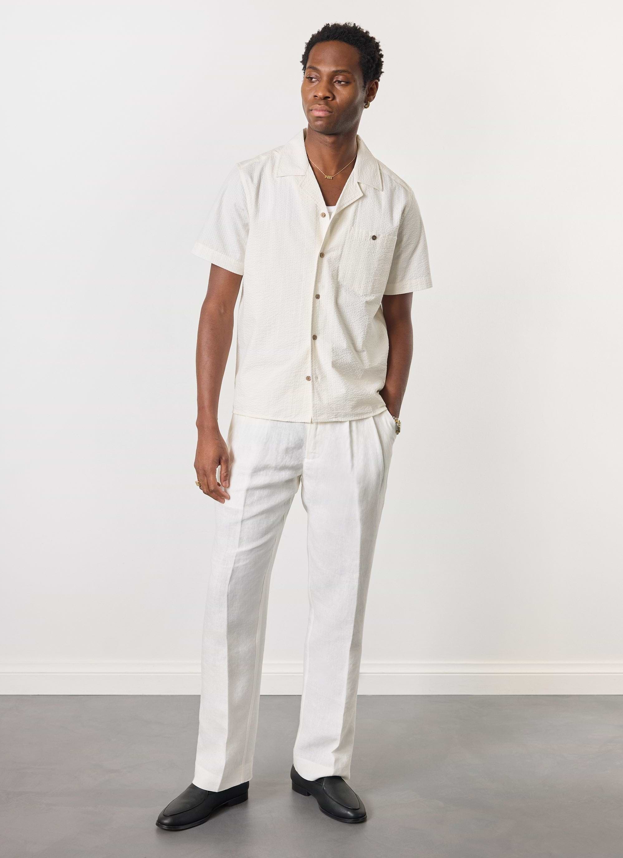 Men's Cuban Collar Short Sleeve Shirt | Seersucker | Ecru Cream