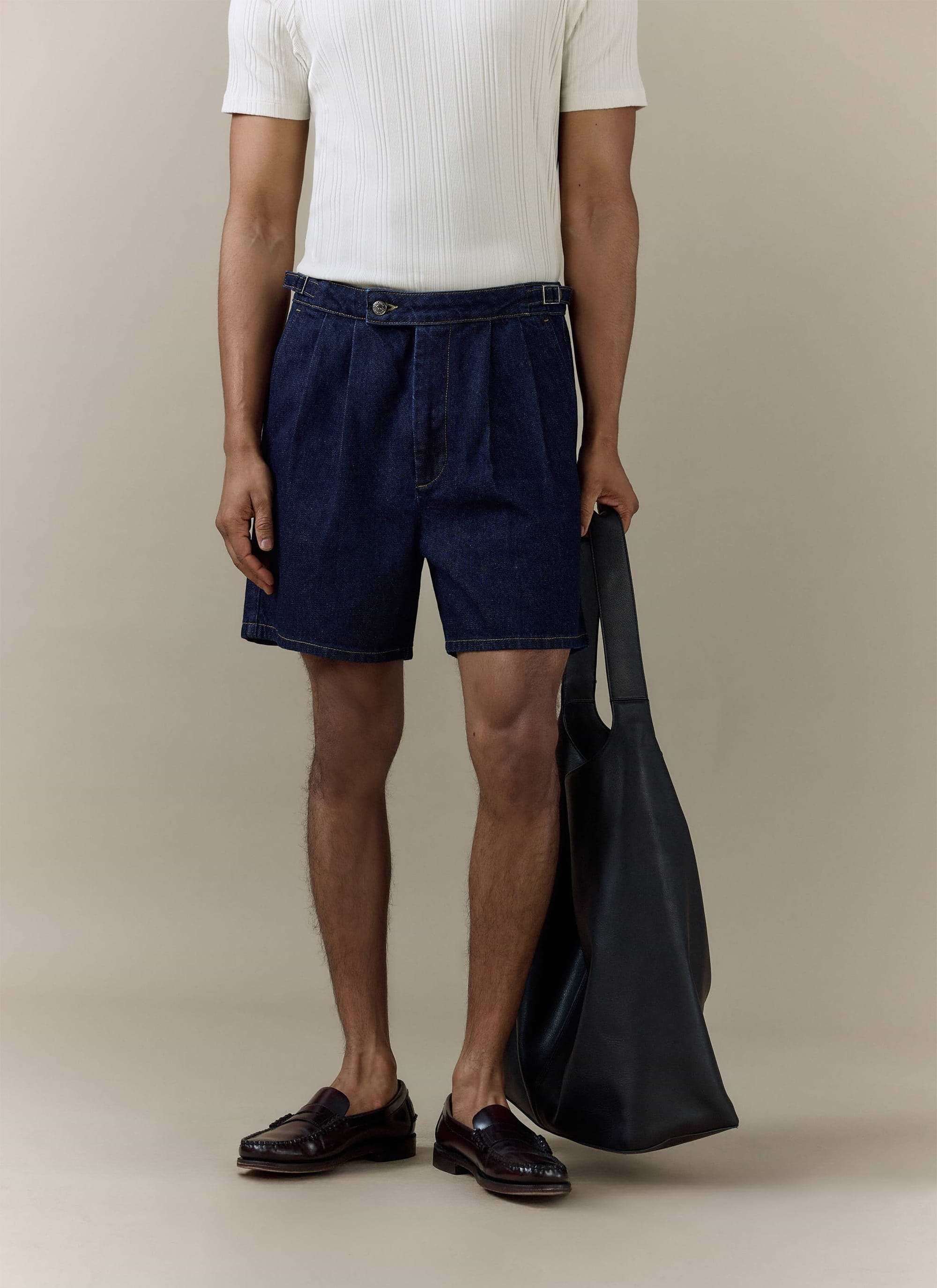 Percival Blake denim shorts in dark indigo; double down with the Harley shirt for a matching set vibe.