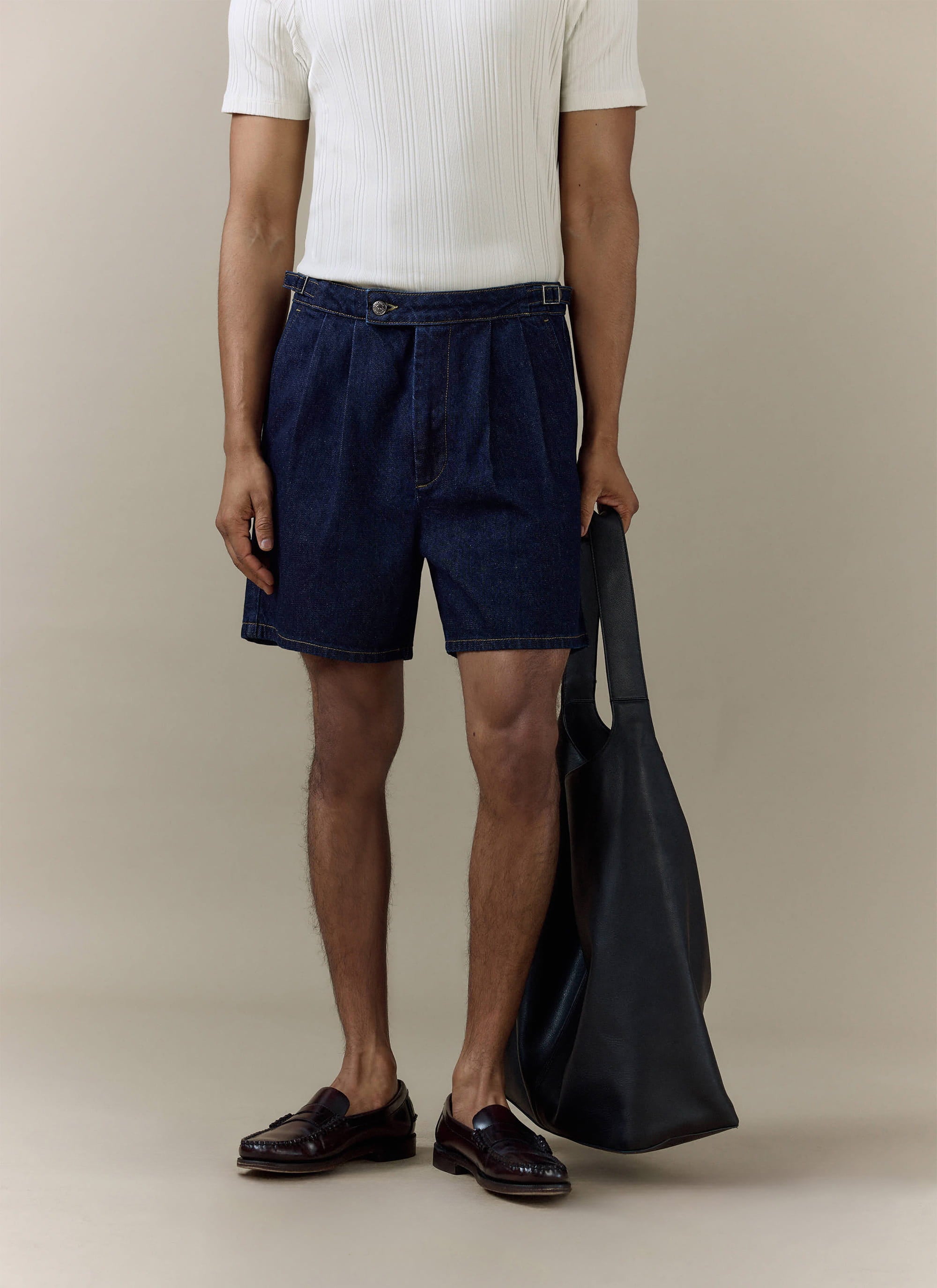 Percival Blake denim shorts in dark indigo; double down with the Harley shirt for a matching set vibe.