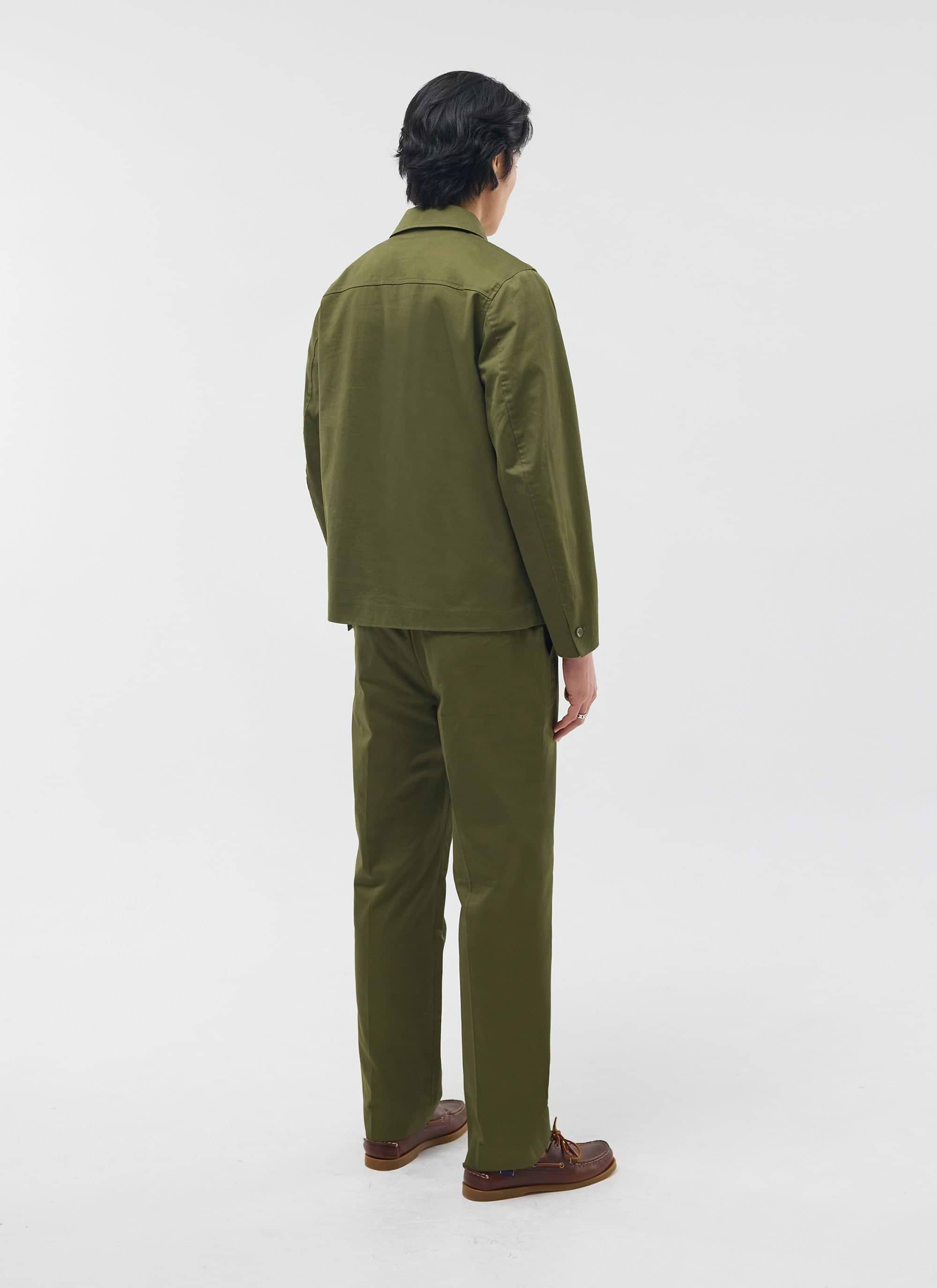 The Percival Casual Workwear Jacket in khaki cotton, shown from behind on a model wearing the full co-ord set.