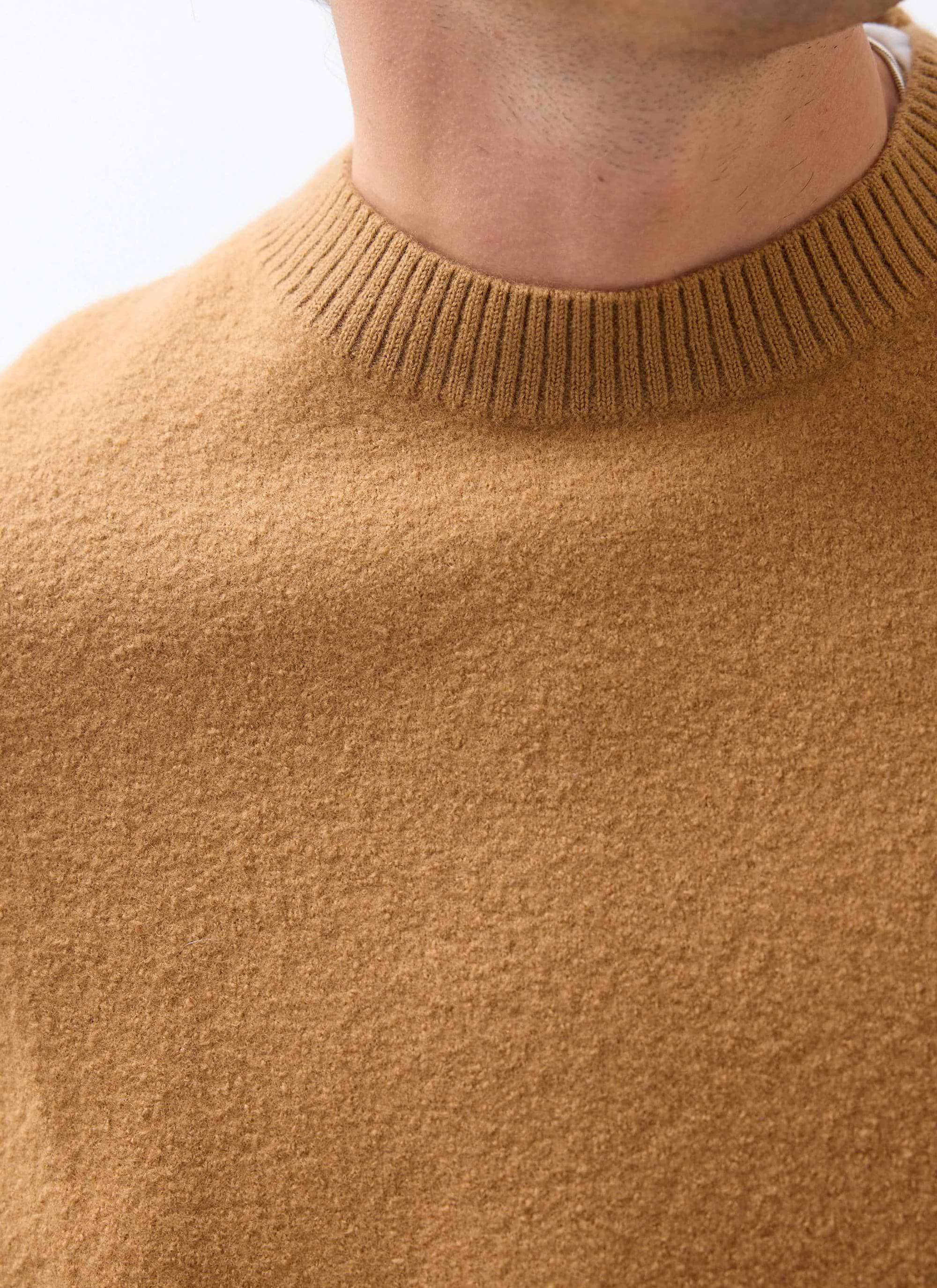 Close-up of a model wearing the brown Percival Felted Wool Jumper, showing the ribbed crewneck and soft textured knit.
