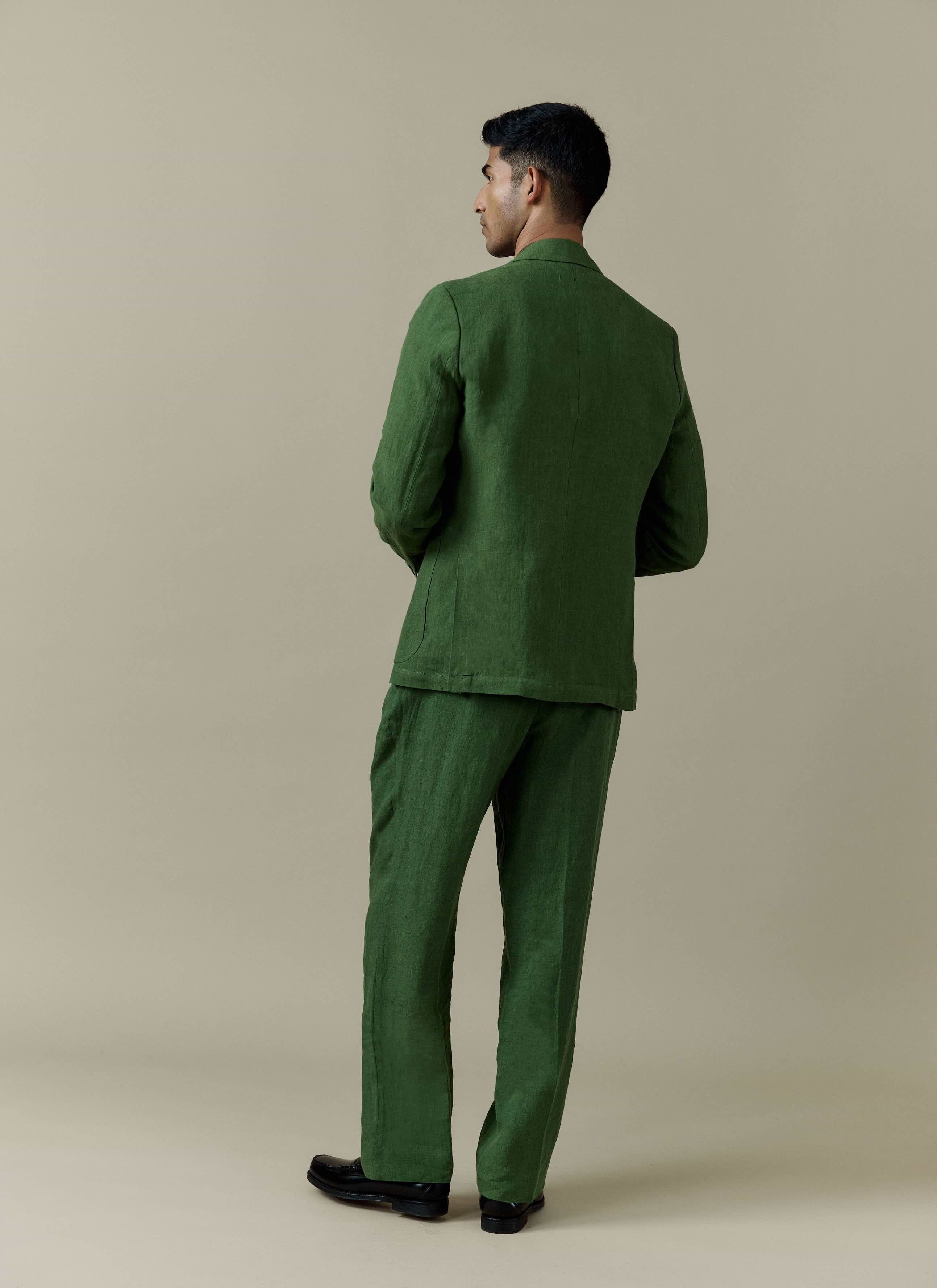 Forest green tailored linen blazer and matching suit trousers by Percival, viewed from the back.