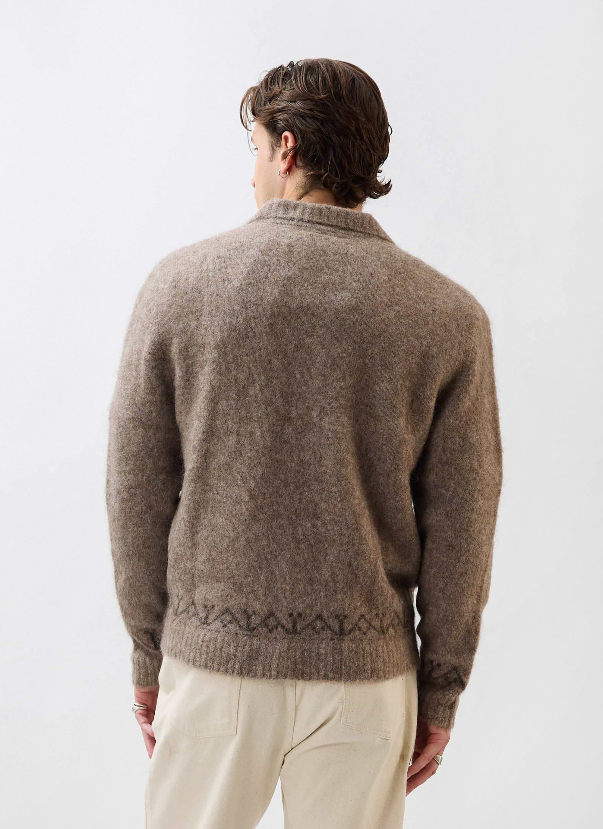 Back view of a model wearing the Percival Novel Collared Cardigan in an oak wool blend against a white background.