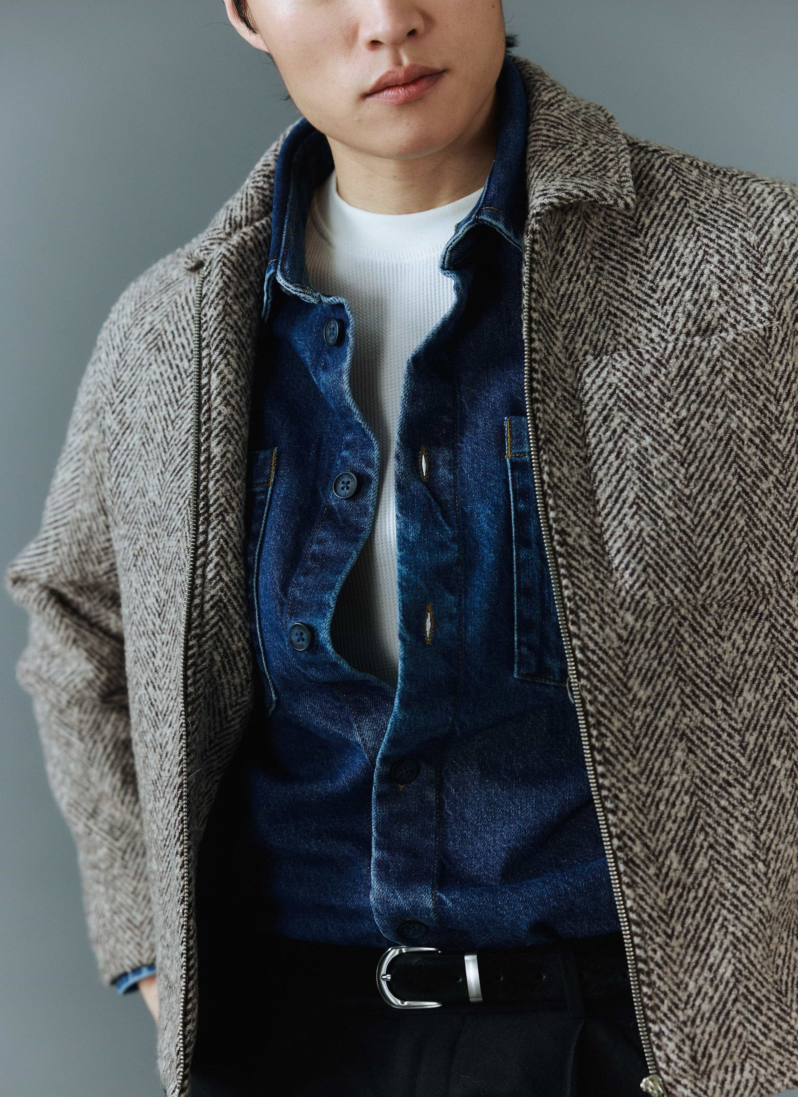 Men's Herringbone Zip Up Jacket | Wool | Ecru Cream | Percival