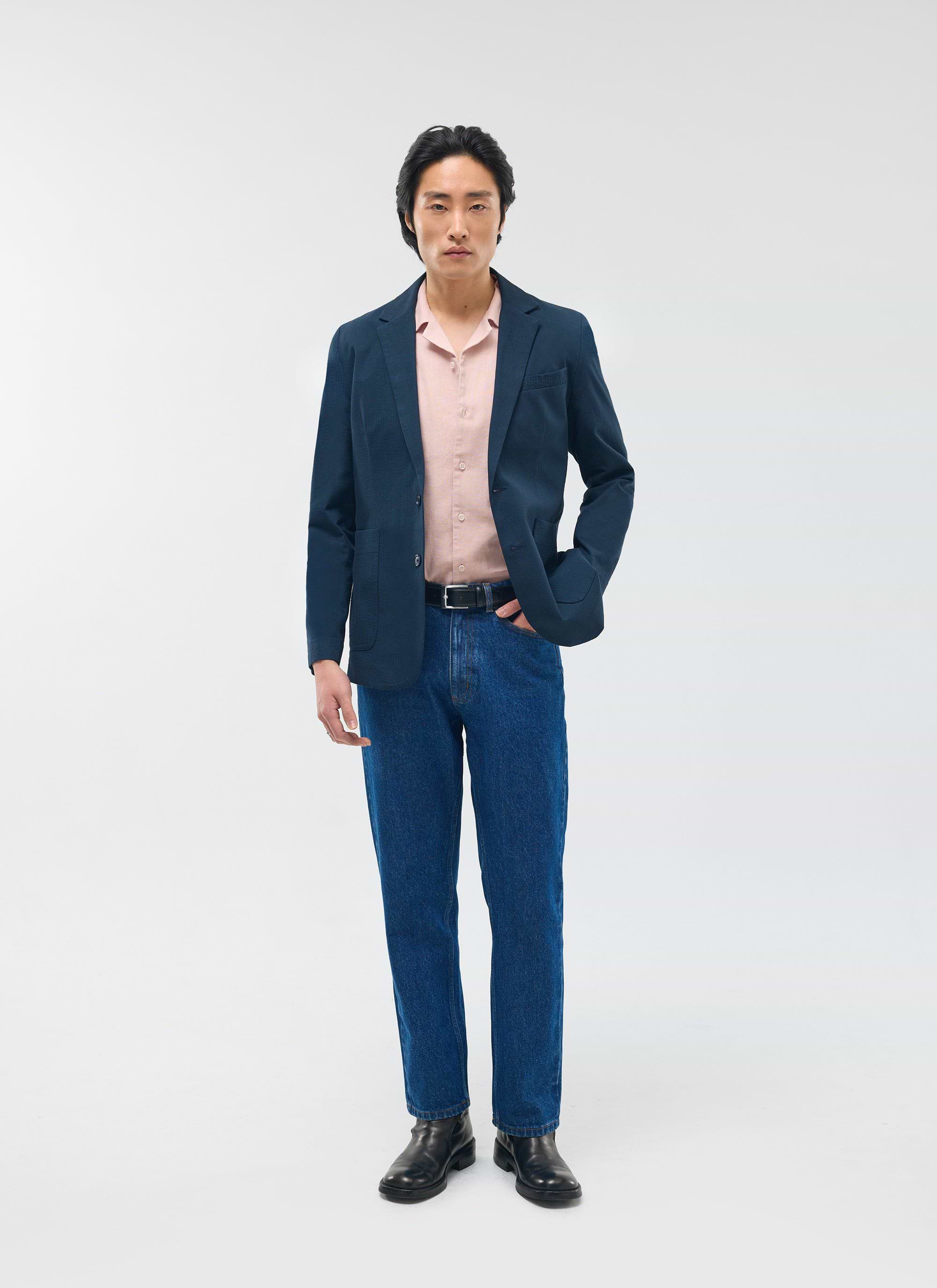 Tailored SEERSUCKER STAND COLLAR JKT/NAVY Seersucker Blazer Tailored SEERSUCKER STAND COLLAR JKT/NAVY Seersucker Blazer