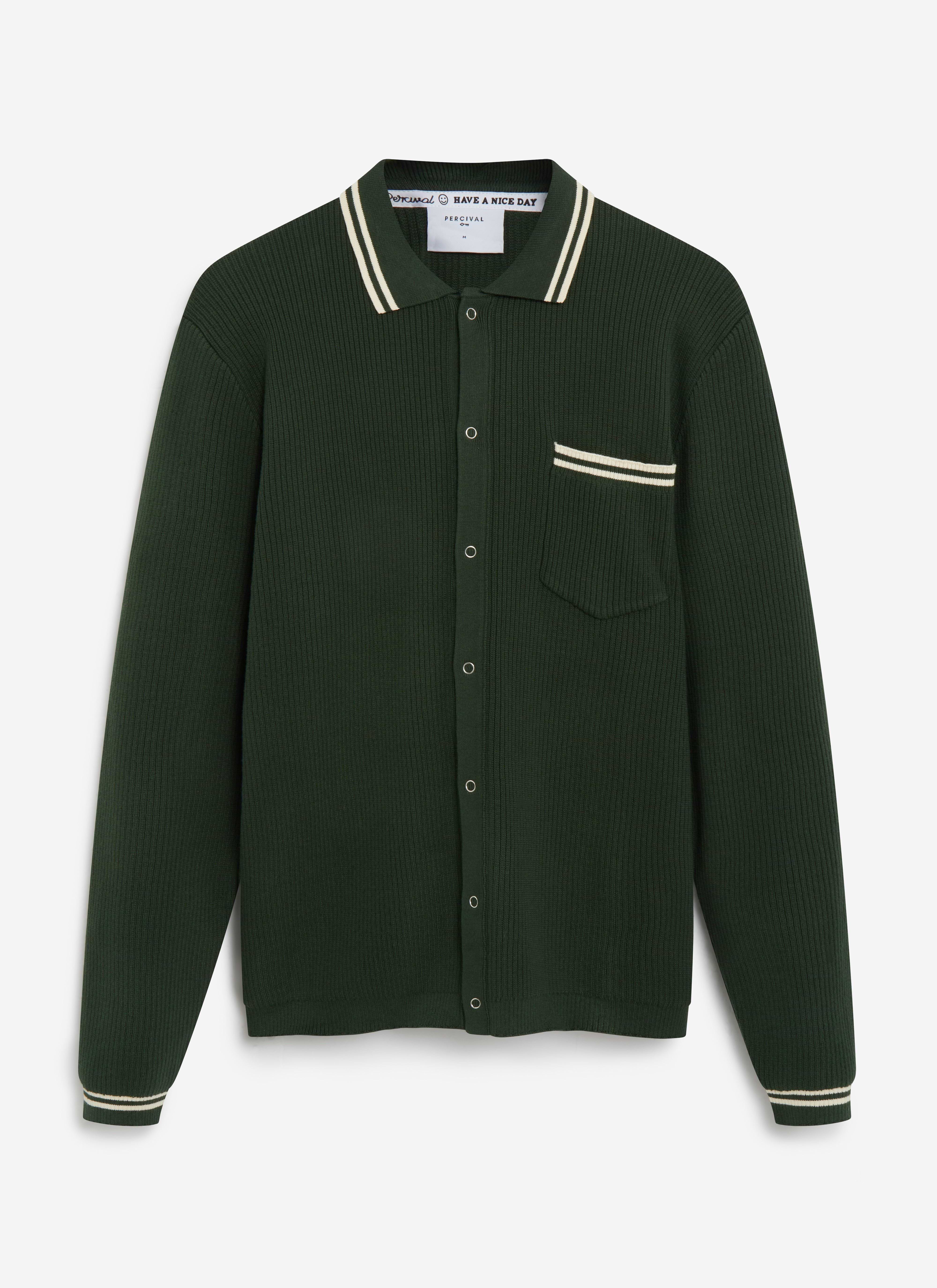 The Percival Pablo long sleeve knitted shirt in forest green, with cream tipping on the collar, pocket and cuffs.