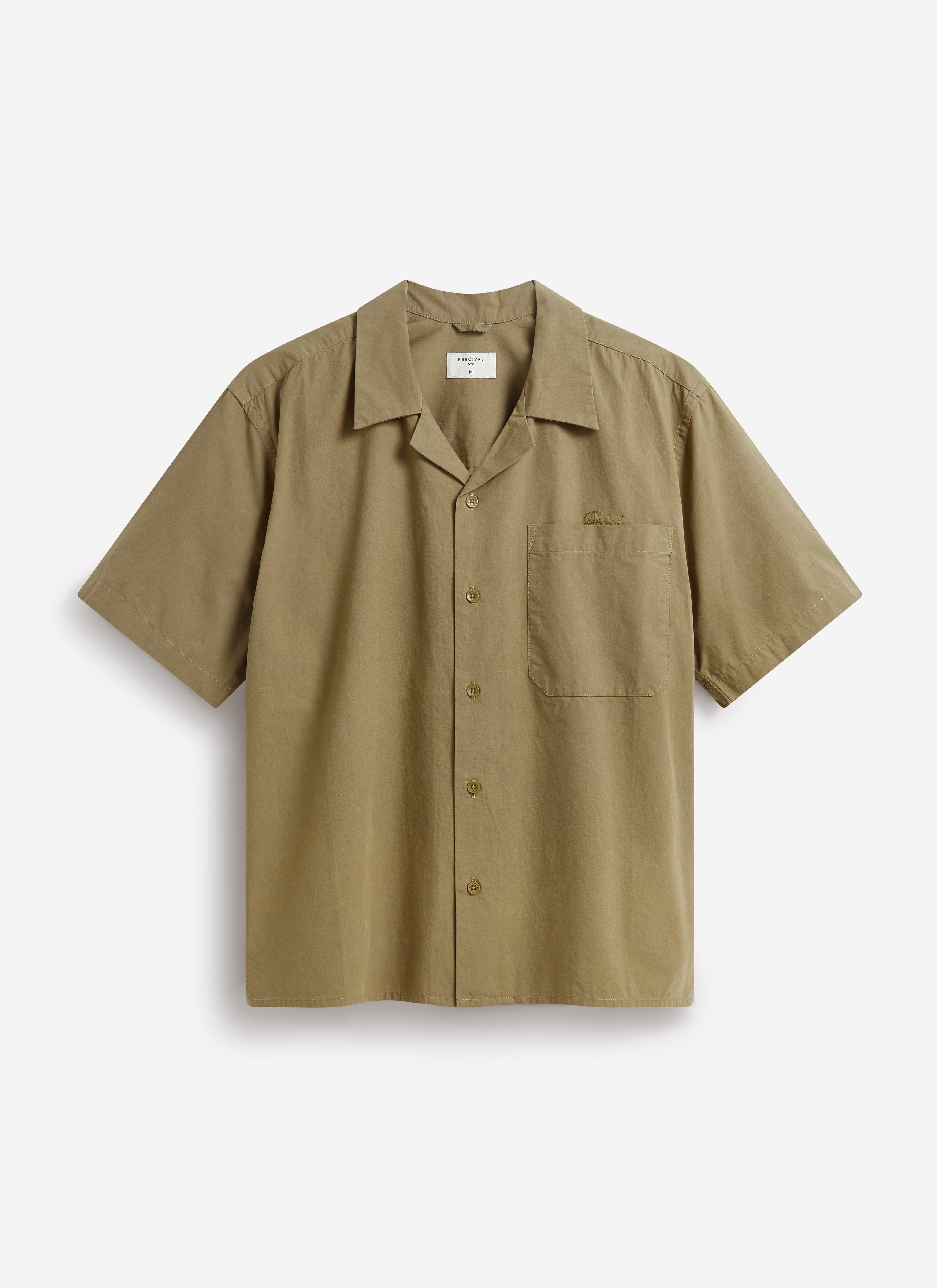 The Percival Boxy Cropped Cuban Collar Shirt in olive green, displayed flat against a white studio background.