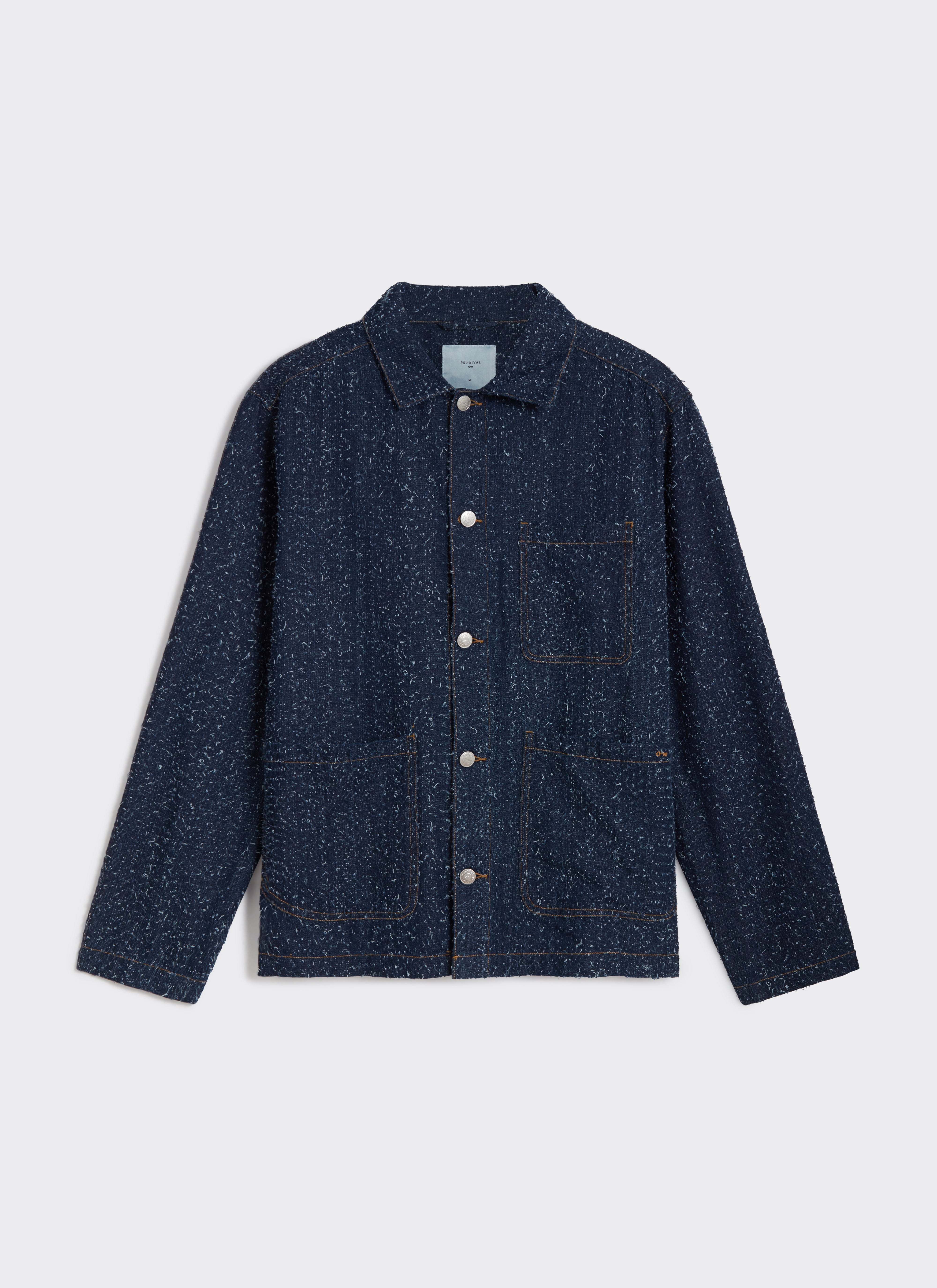 Front view of the Percival Parsons Chore Jacket in navy blue textured nep cotton with contrast stitching.
