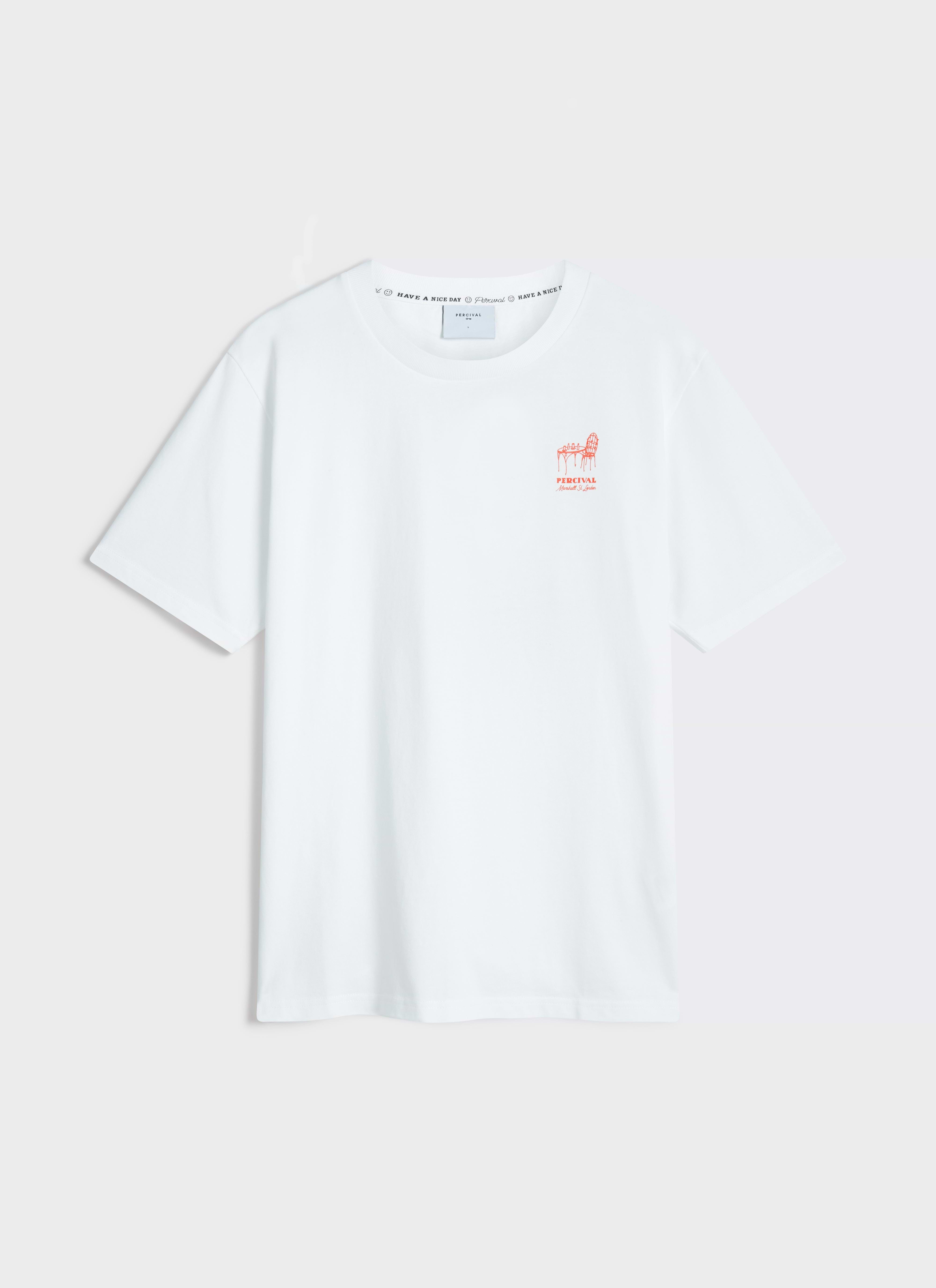 Front view of the white Percival Perci Fine Wines T-shirt in organic cotton, featuring a small orange chest graphic.