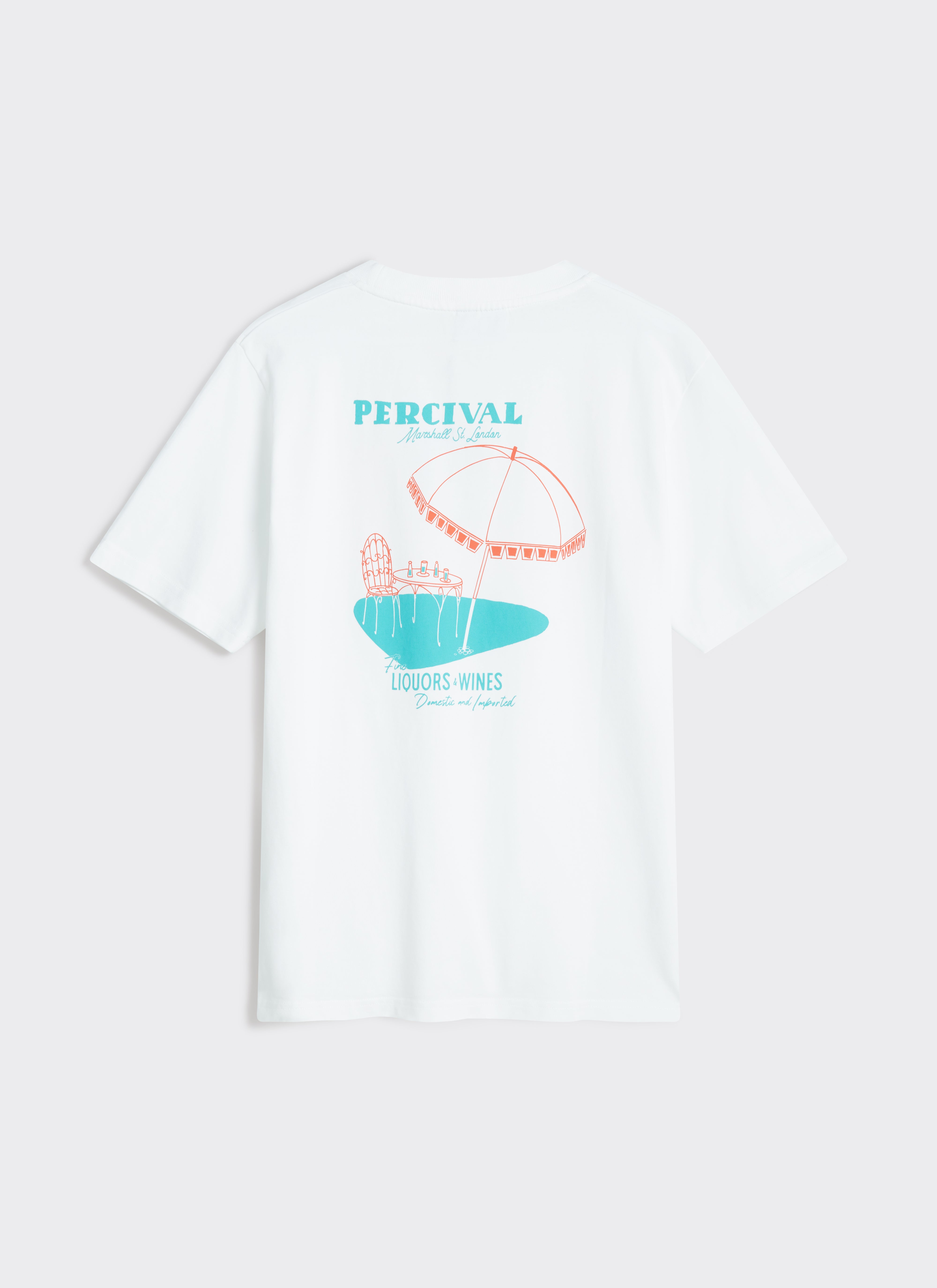 Back of the white Percival Perci Fine Wines T-shirt, featuring a large terrace graphic with a parasol and wine bottles.