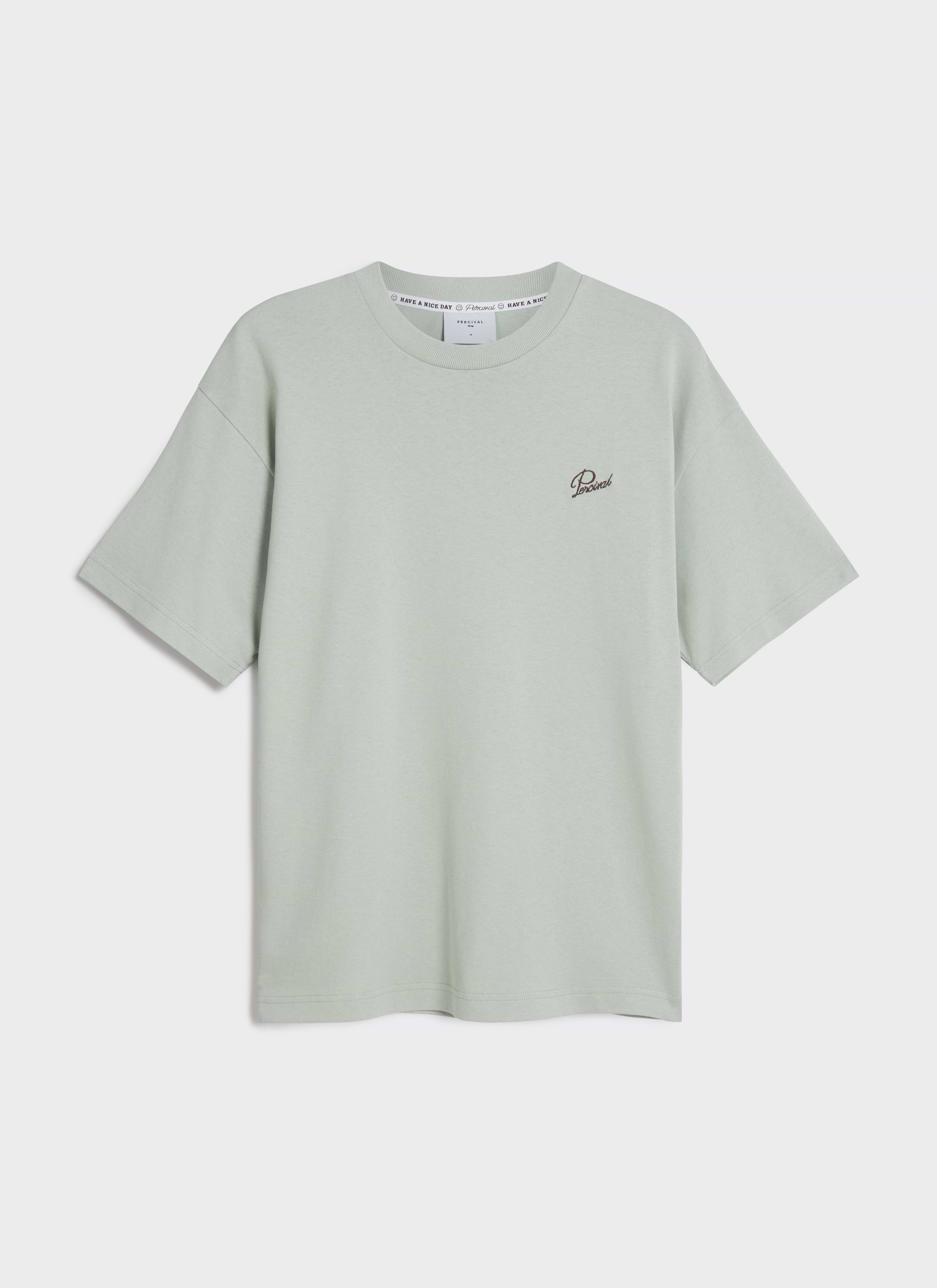 Front view of the Percival Perci Script T Shirt in sage green organic cotton with small chest script embroidery.