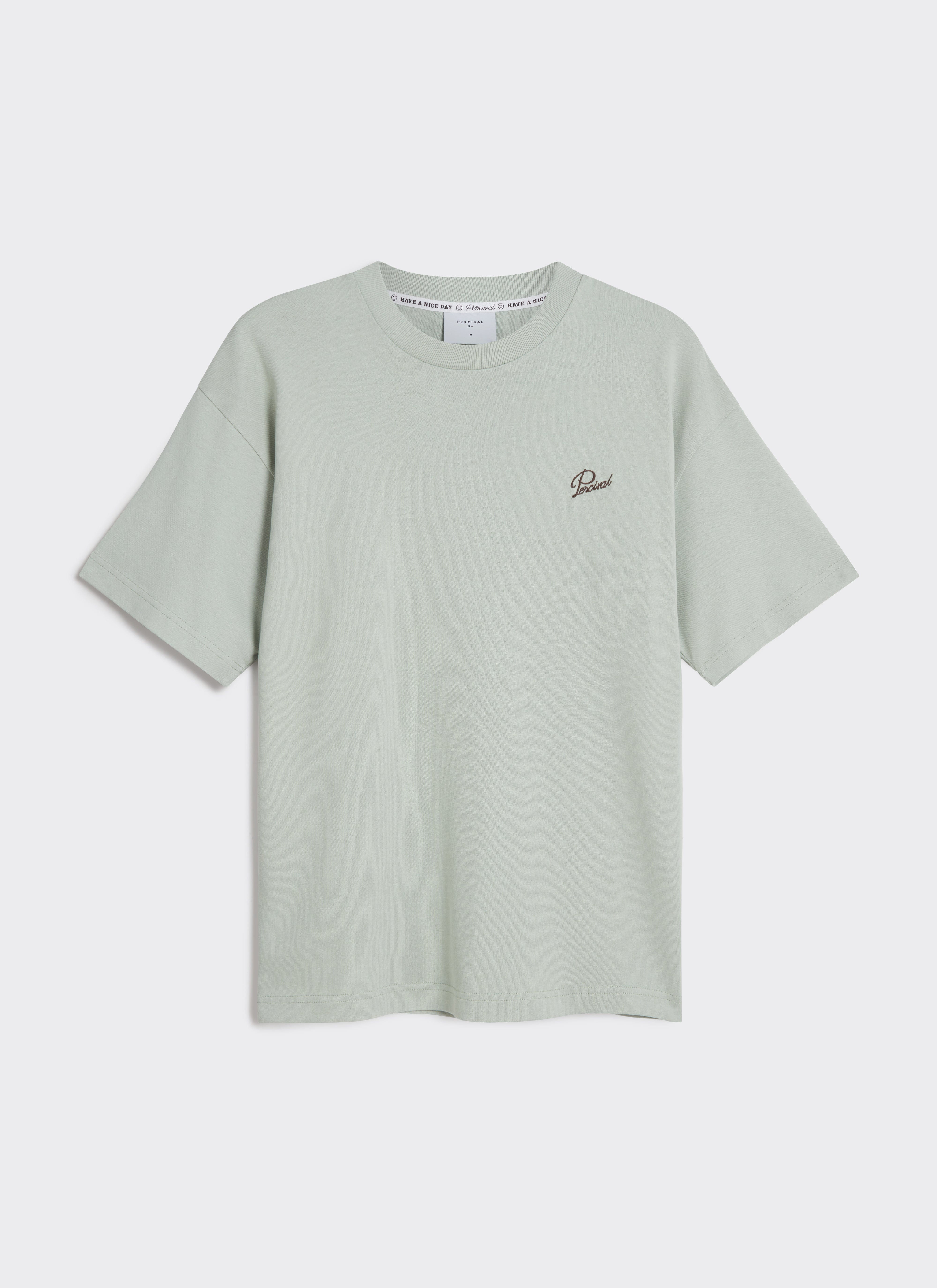 Front view of the Percival Perci Script T Shirt in sage green organic cotton with small chest script embroidery.