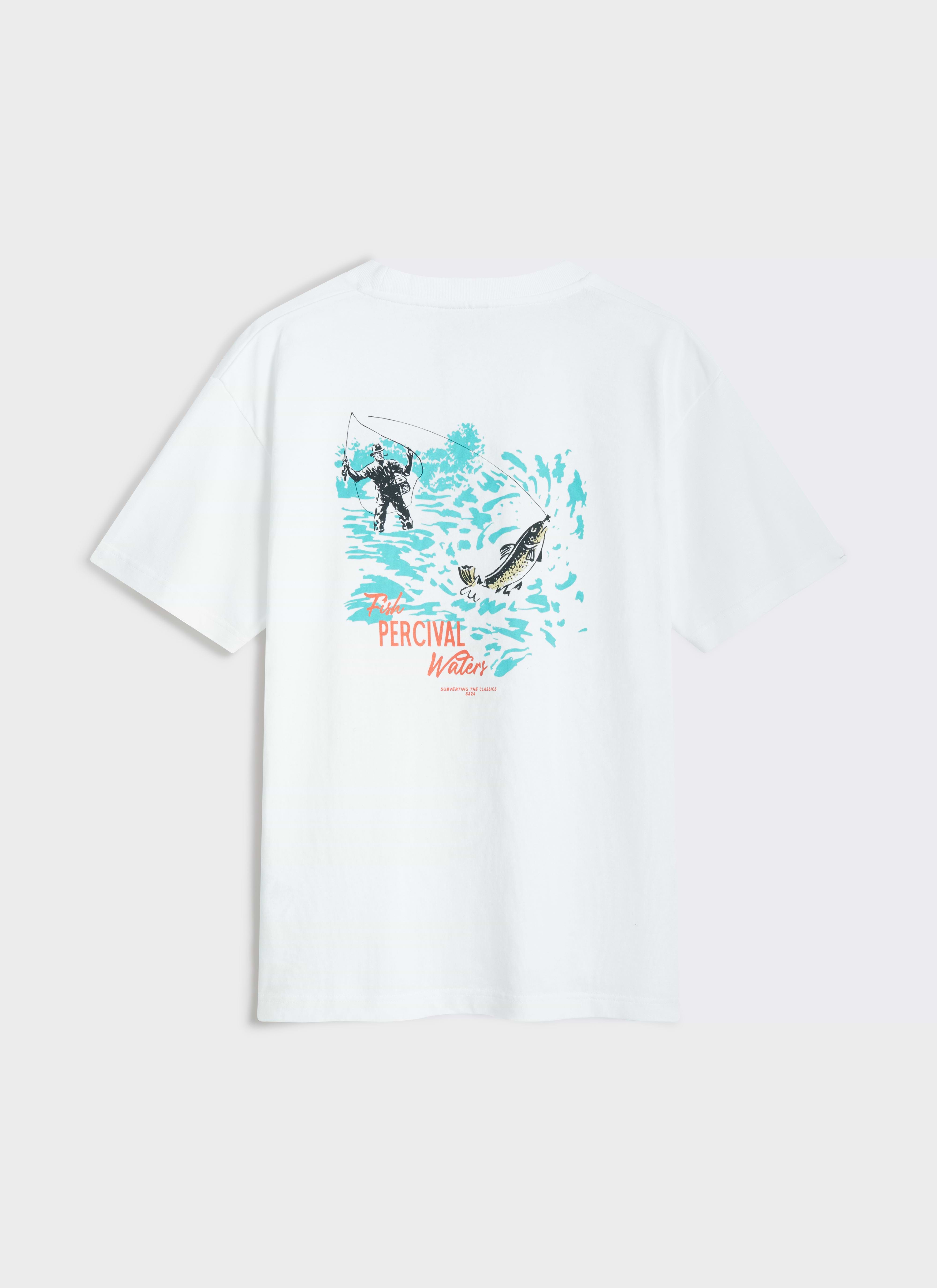 Back view of the white Percival Perci Waters Oversized T-shirt, featuring a blue and red fly fishing graphic.