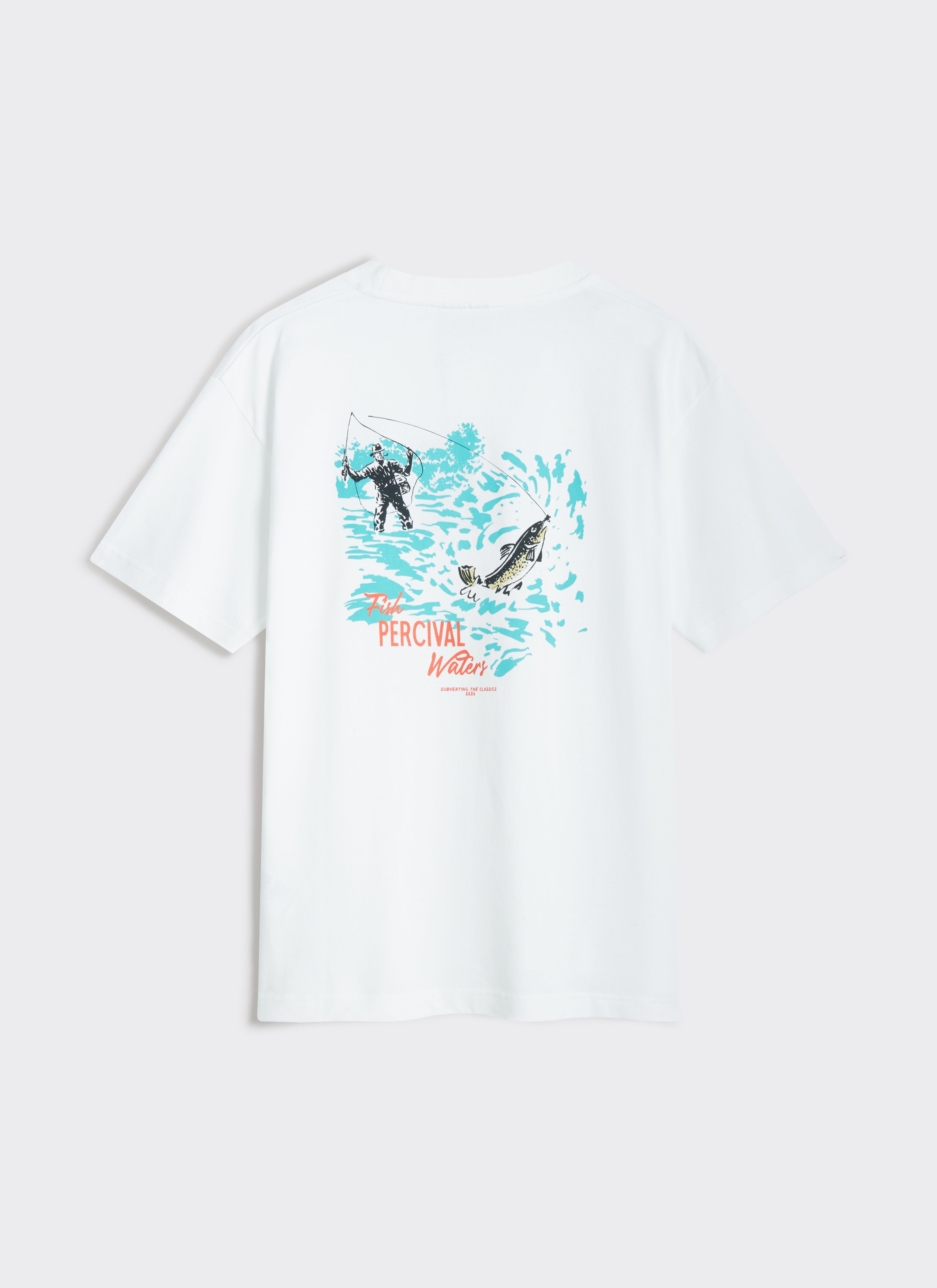 Back view of the white Percival Perci Waters Oversized T-shirt, featuring a blue and red fly fishing graphic.