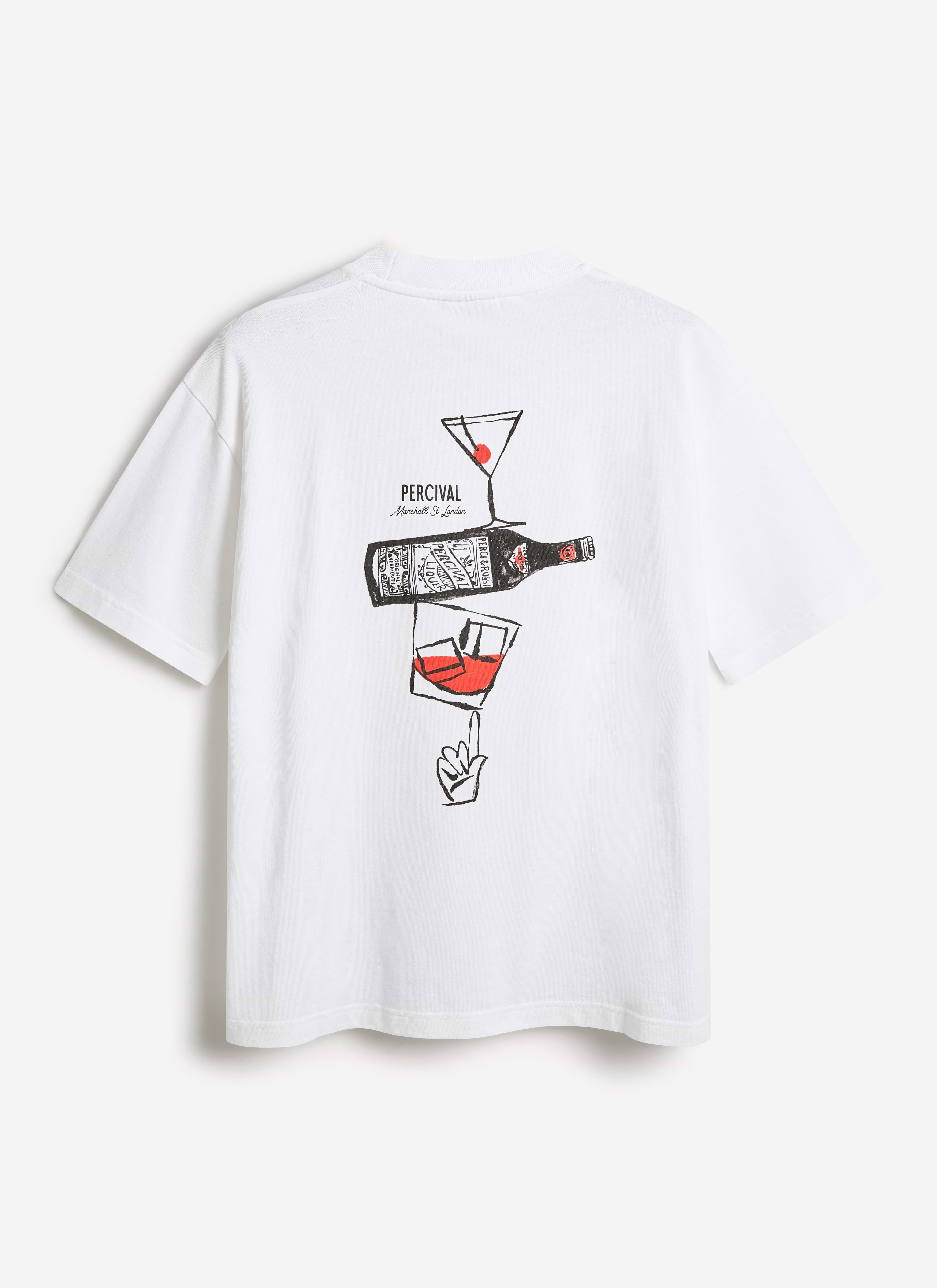 Back view of the Percival white organic cotton oversized T-shirt featuring the hand-illustrated Martini bottle artwork.