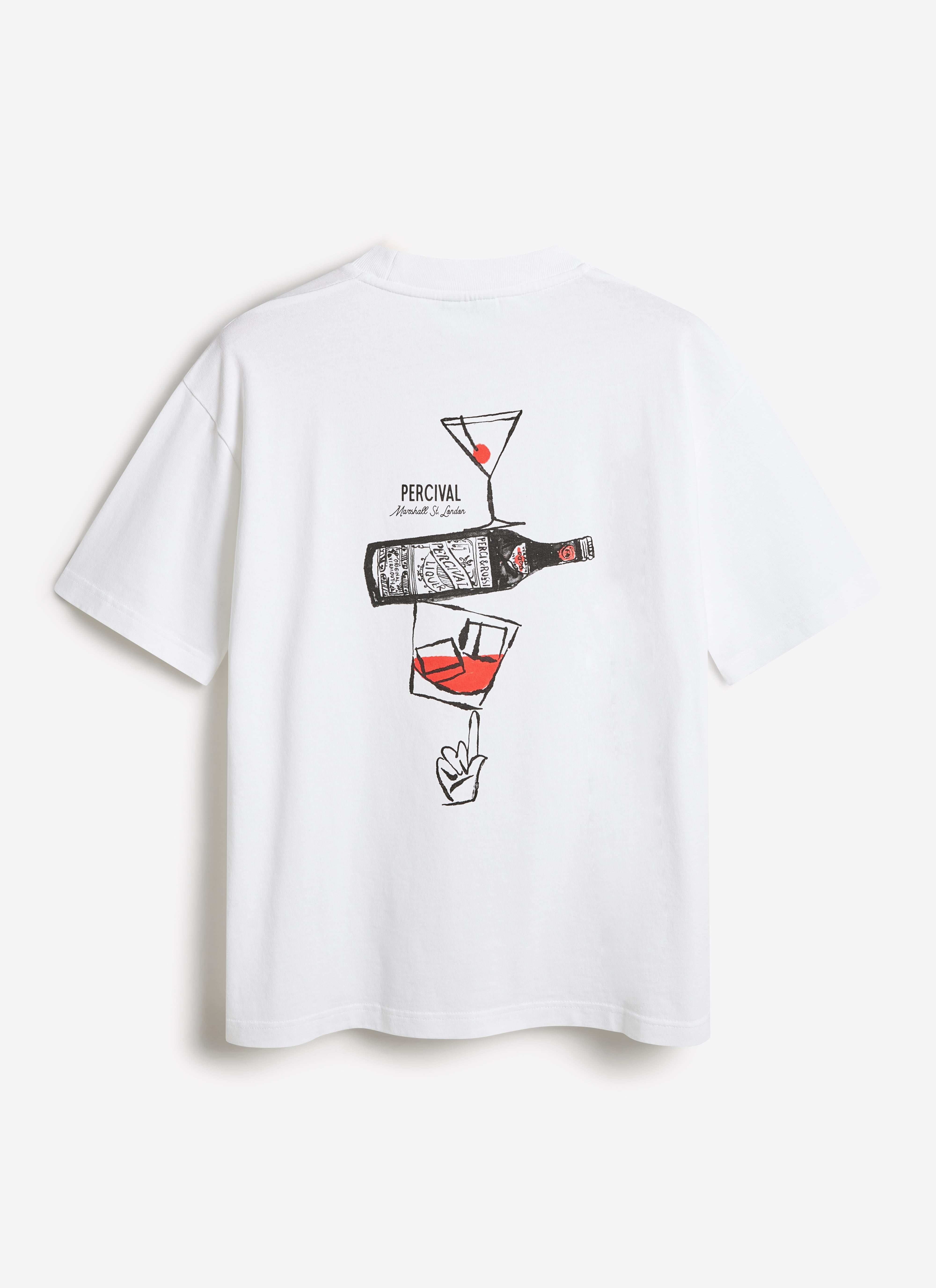 Back view of the Percival white organic cotton oversized T-shirt featuring the hand-illustrated Martini bottle artwork.