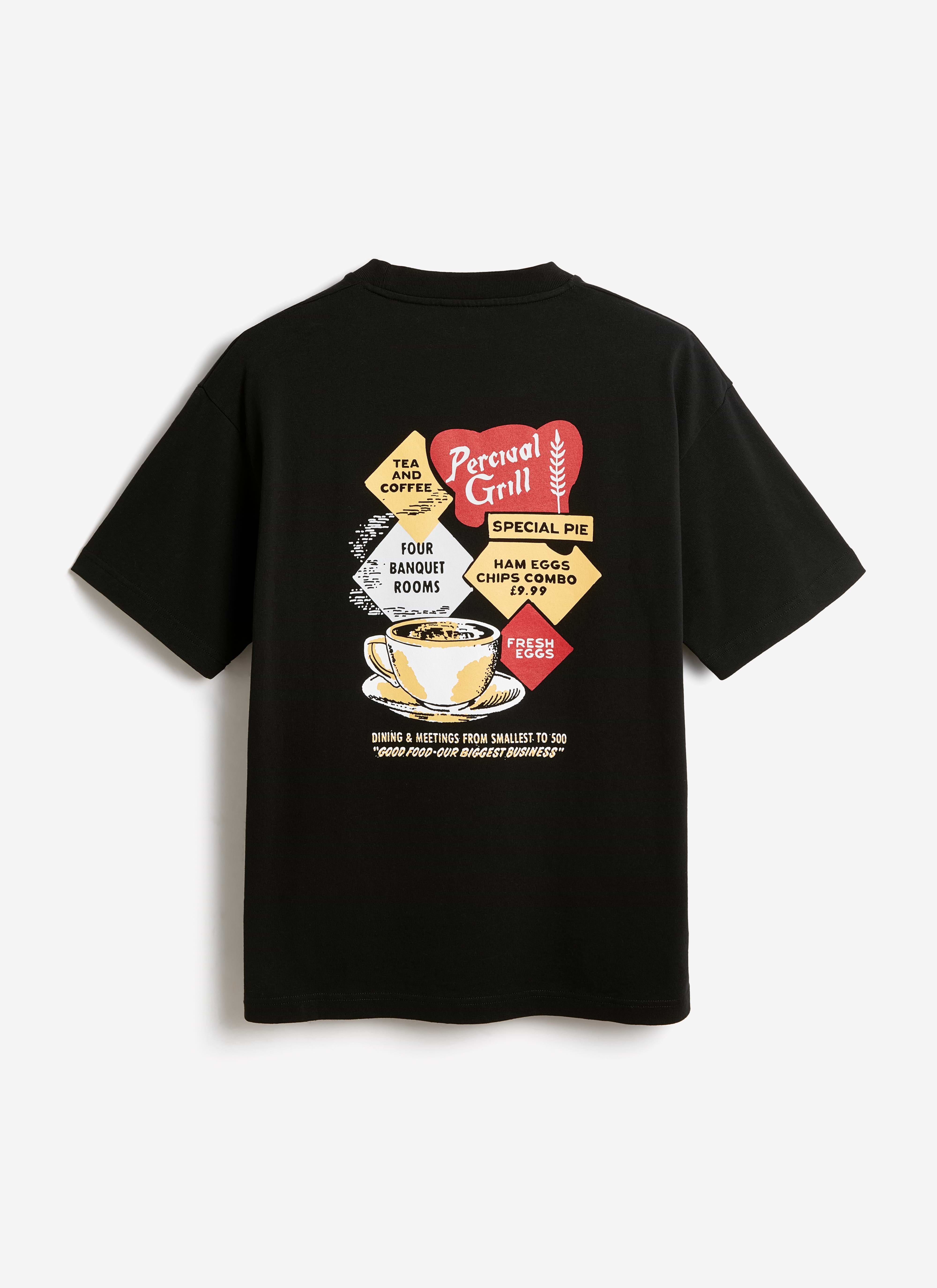 Back of the black organic cotton Percival Grill Oversized T-Shirt, featuring a colourful retro diner-style graphic.