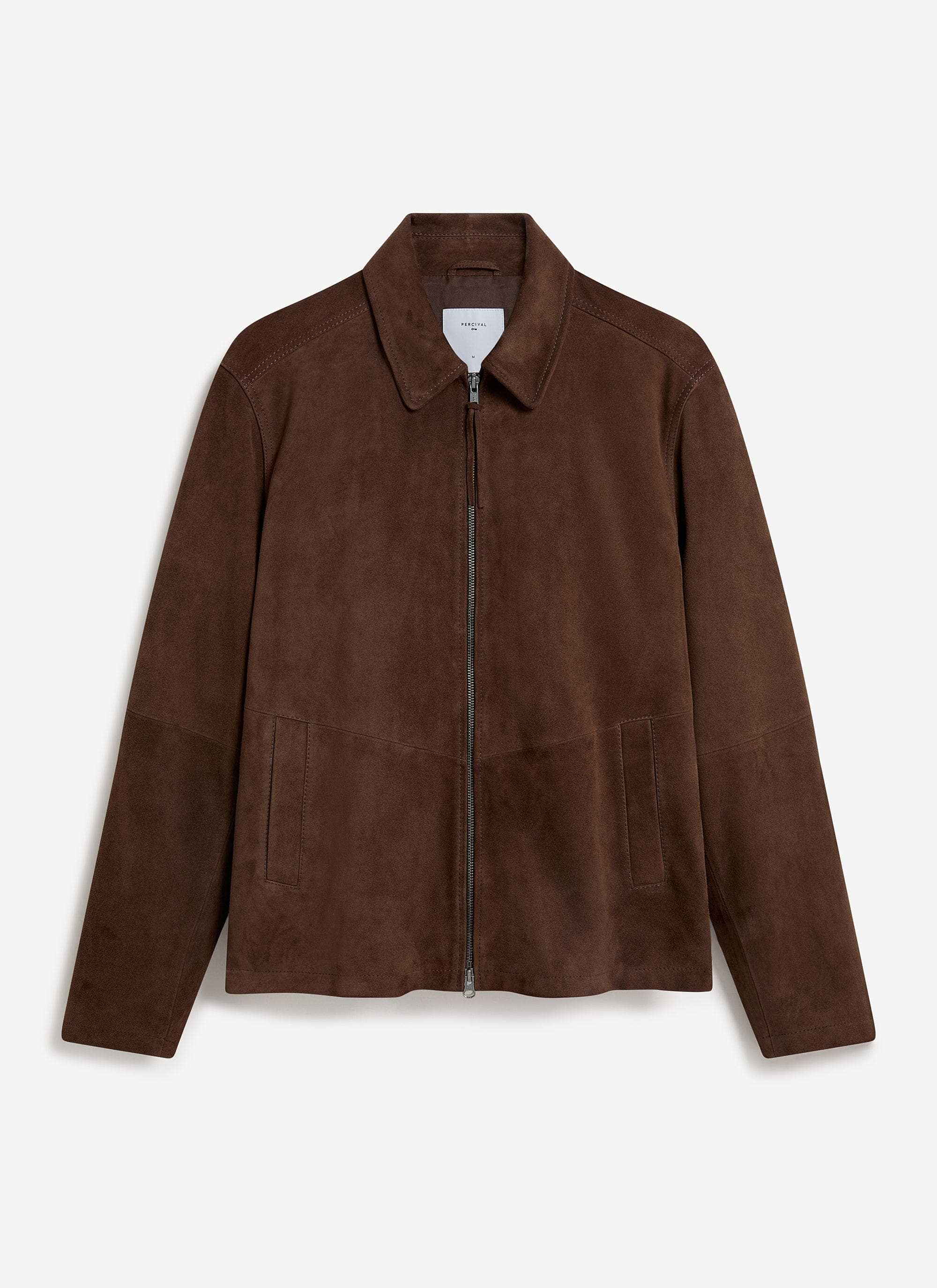 The Percival Prologue Soft Suede Jacket in espresso brown, photographed against a white background.