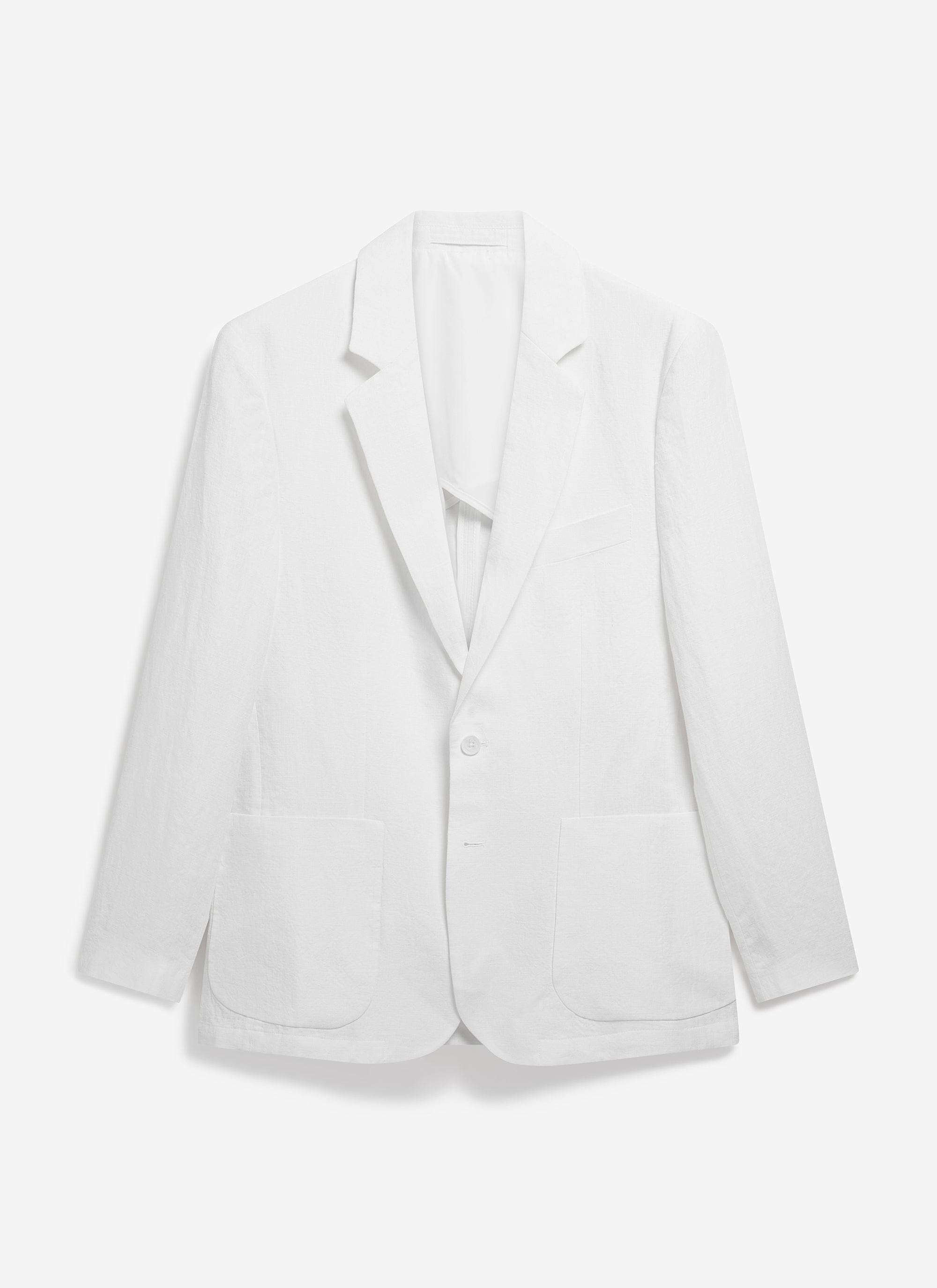 Percival's Relaxed Tailored Linen Blazer in white, a 100% linen suit jacket, captured in a front-facing flat lay shot.