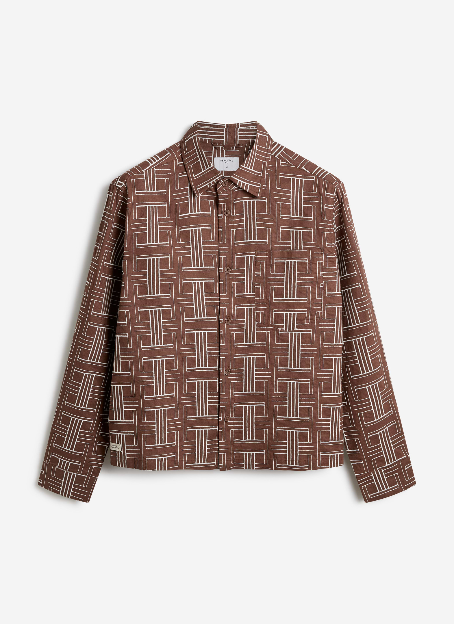 Percival Sashiko Boxy Long Sleeve Shirt in brown cotton with an all-over white geometric embroidery.