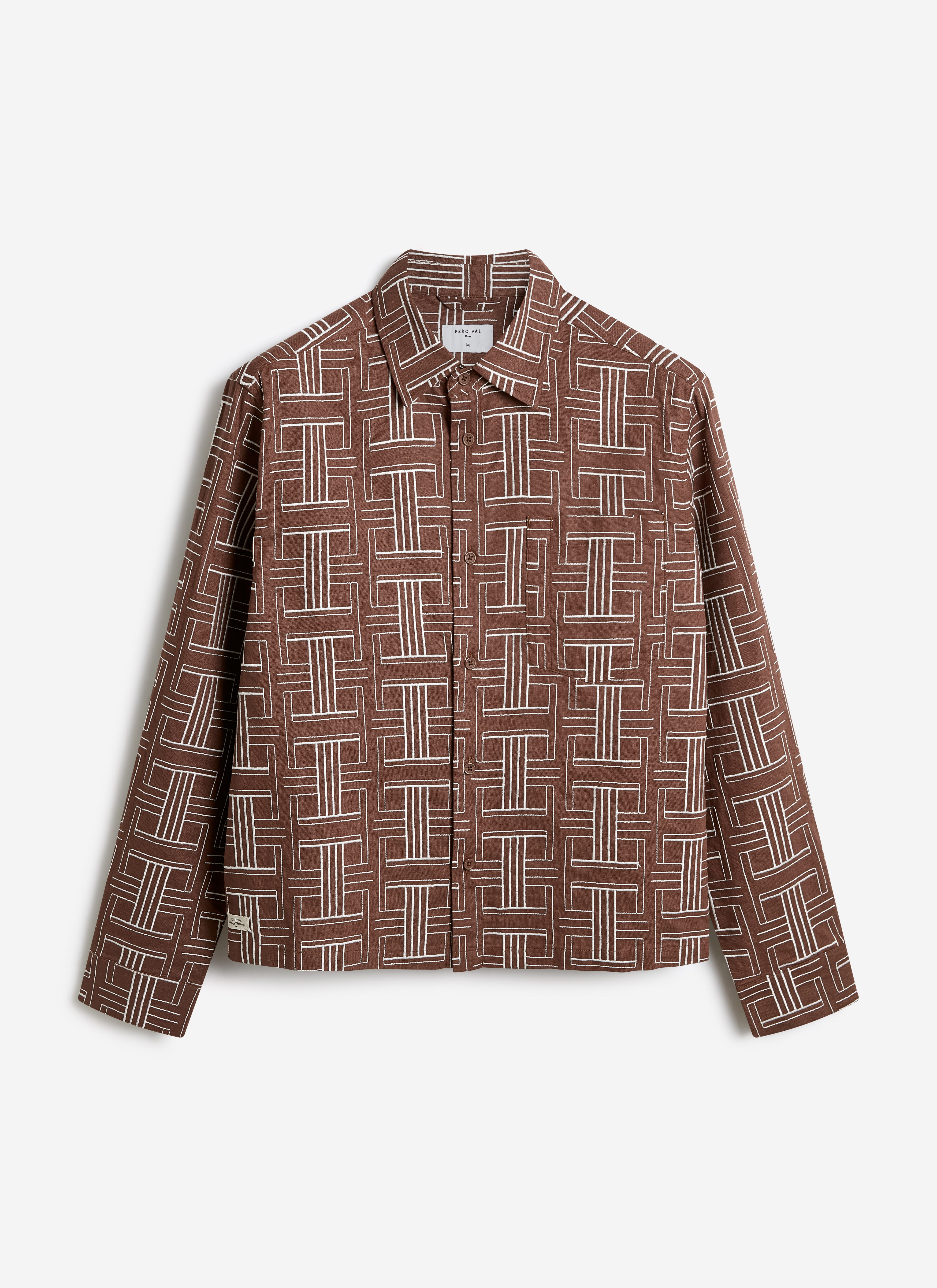 Percival Sashiko Boxy Long Sleeve Shirt in brown cotton with an all-over white geometric embroidery.