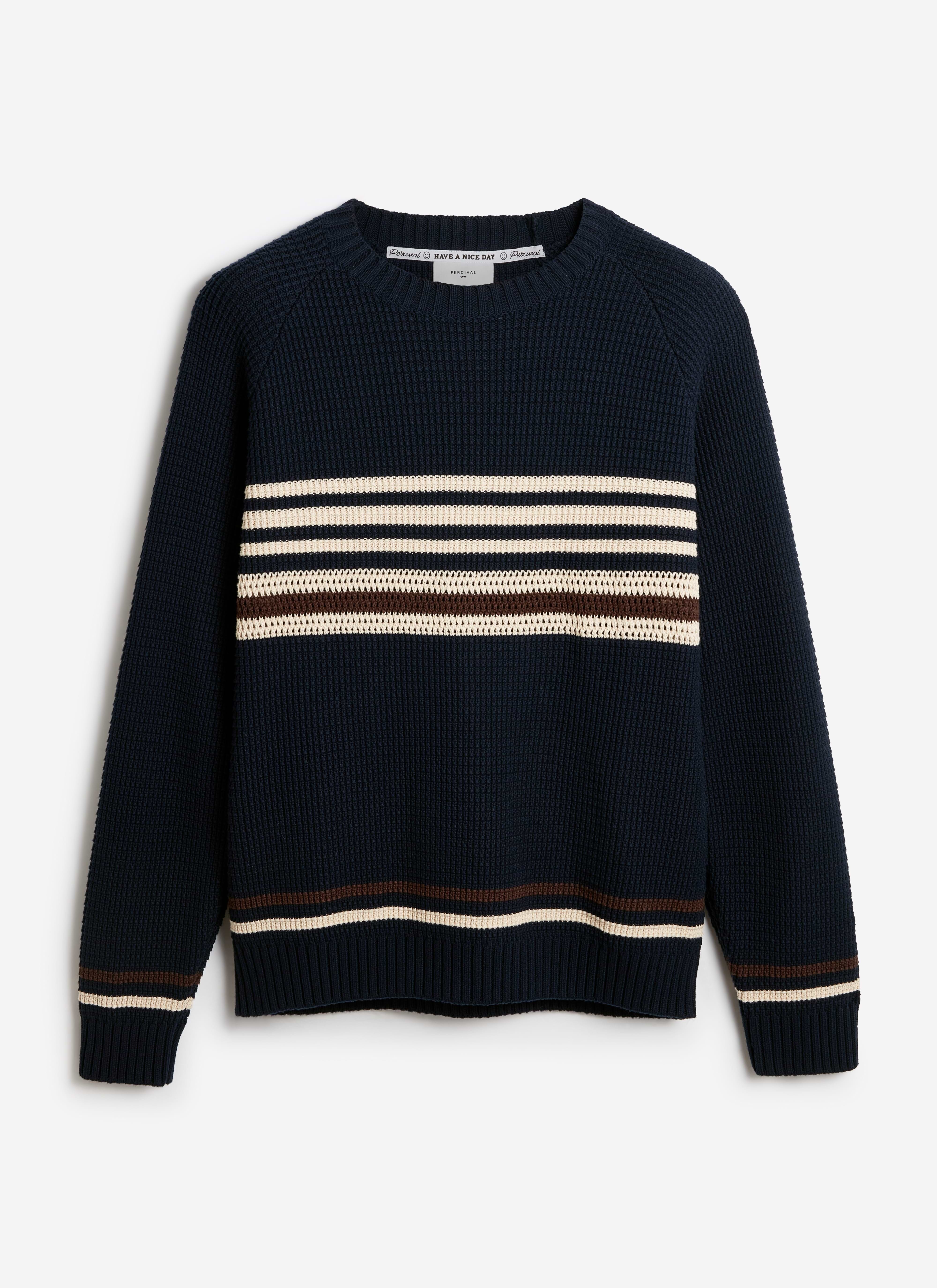 Navy cotton Percival Sergio Crochet Jumper with ecru and brown contrast stripes and a textured waffle knit finish.