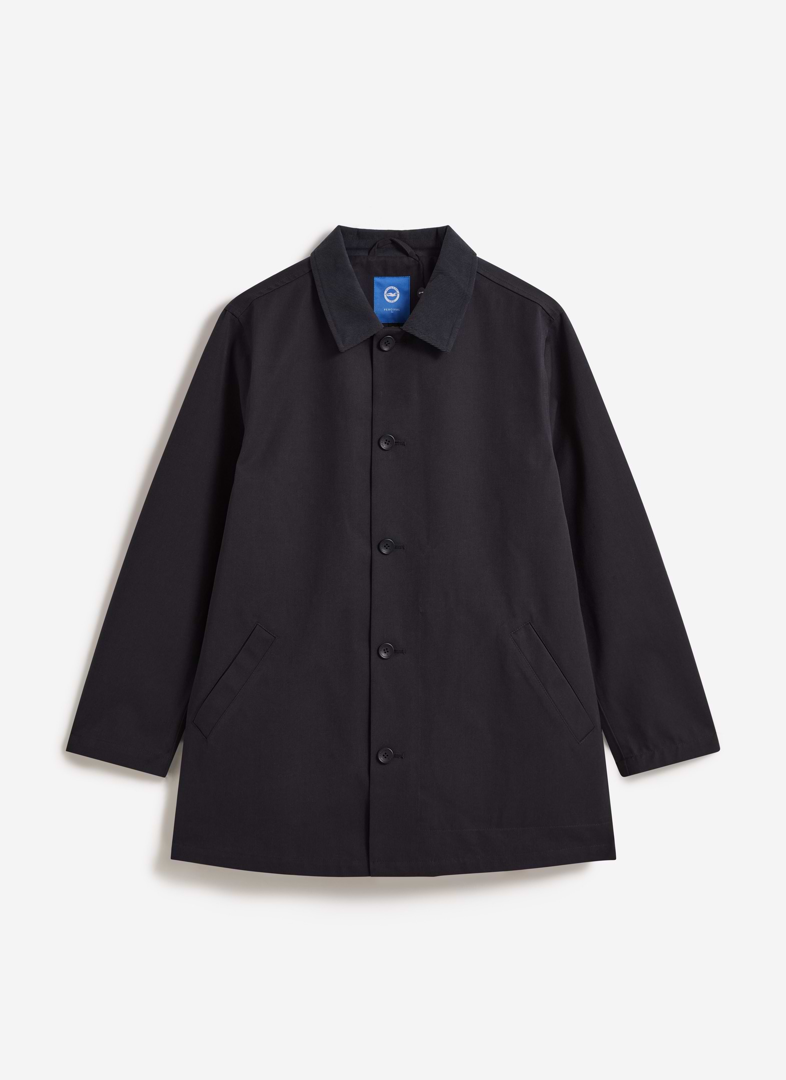 Front view of the midnight Sherlock Short Trench by Percival, part of the Brighton & Hove Albion F.C. collaboration.