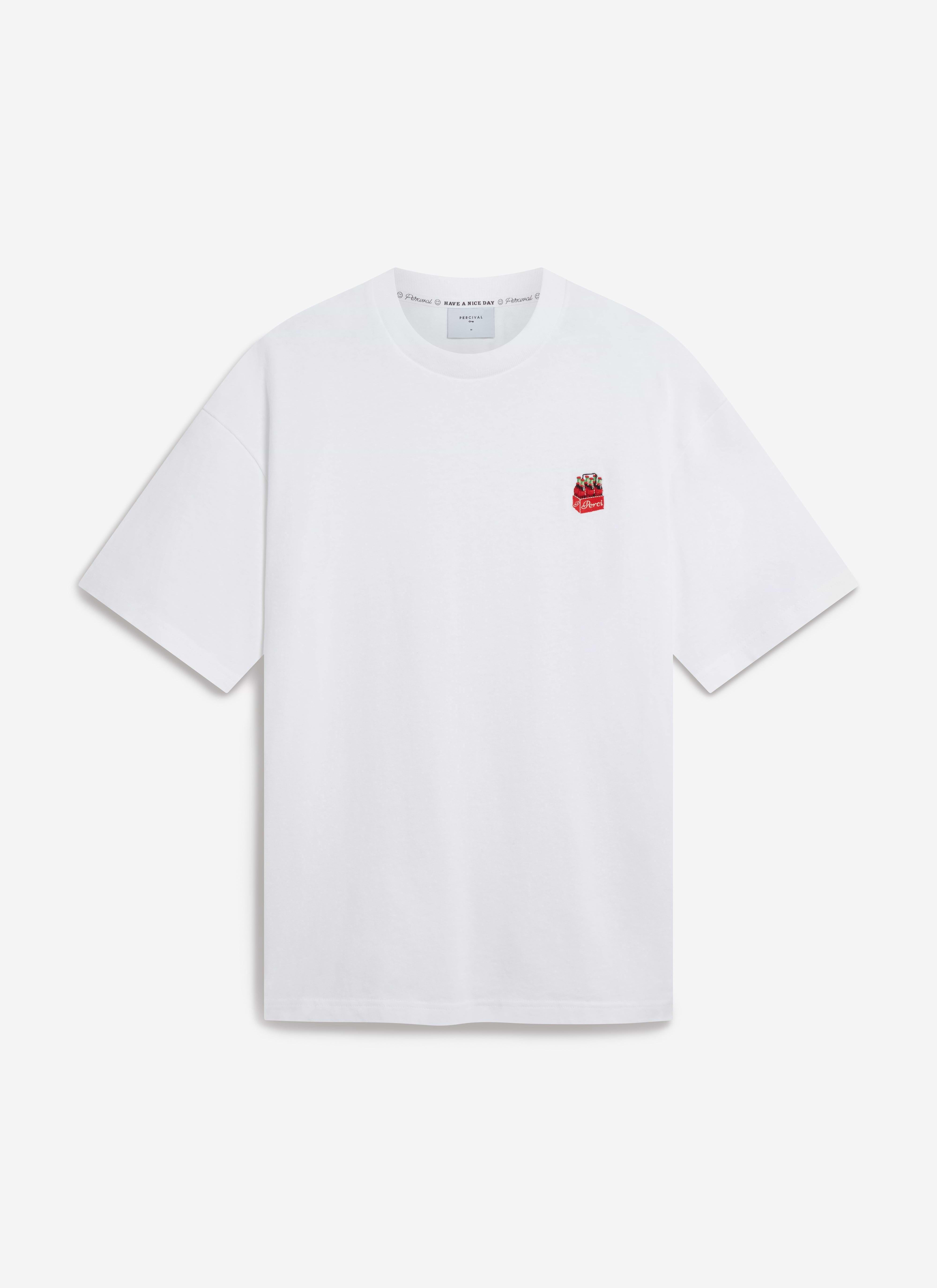 A flat lay of the Percival Soda Bottles oversized t-shirt in white, showing the 'Perci cola' chest embroidery.