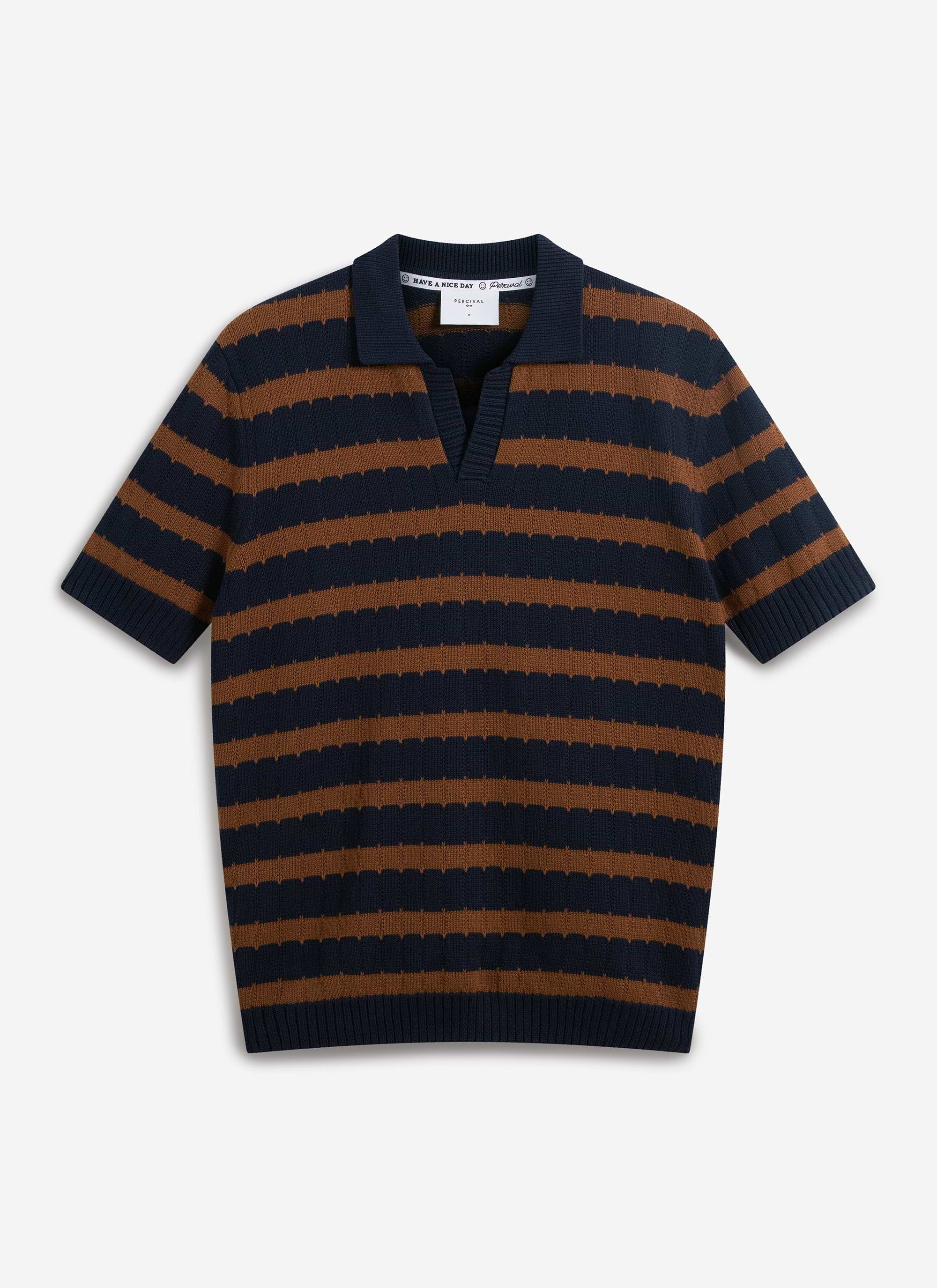The Percival Stine Knitted Polo in a brown and navy jacquard stripe, shown from the front against a white background.