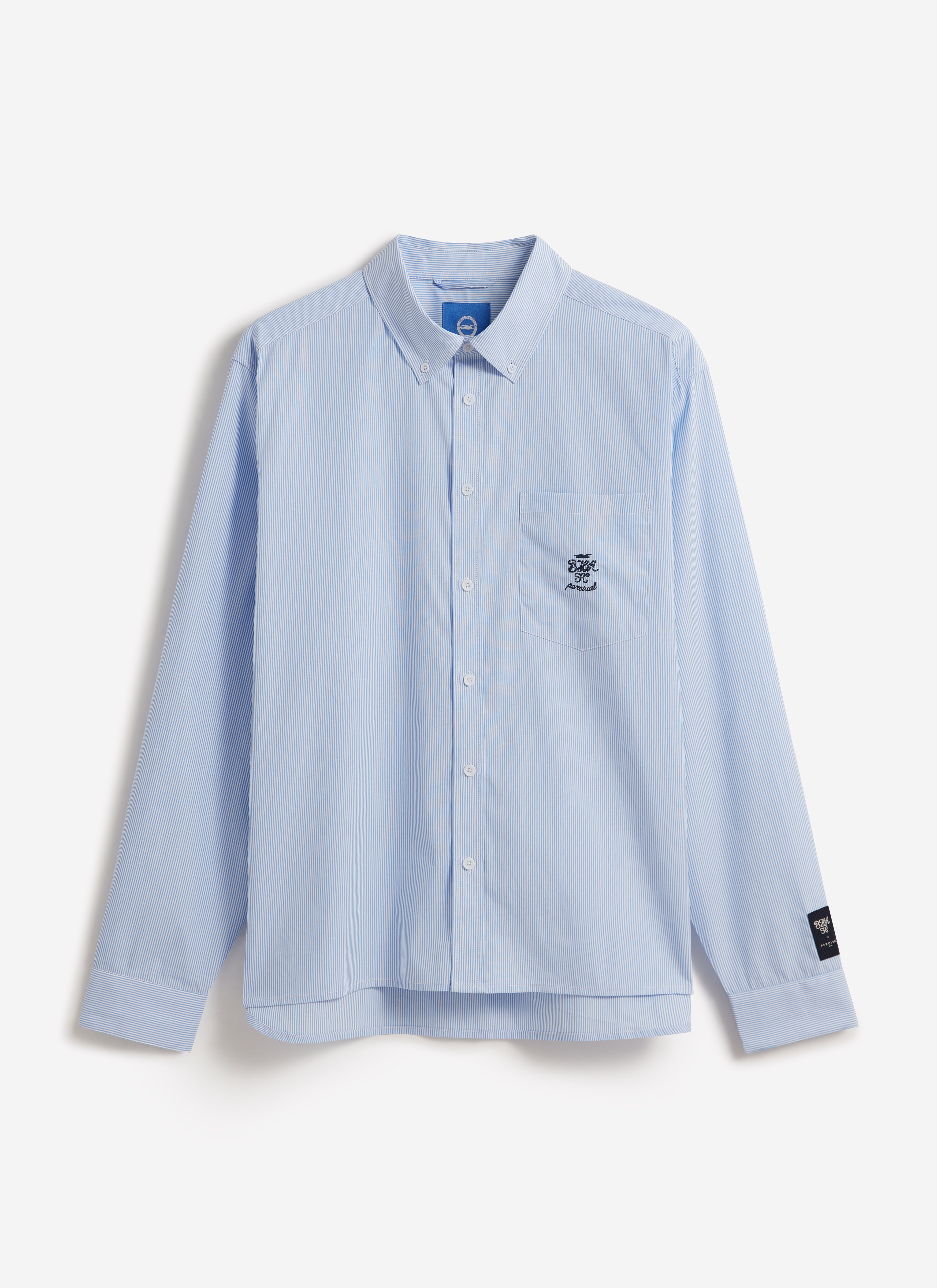 Front view of the Percival x Brighton & Hove Albion F.C. Striped Pearce long sleeve shirt in blue and white stripes.
