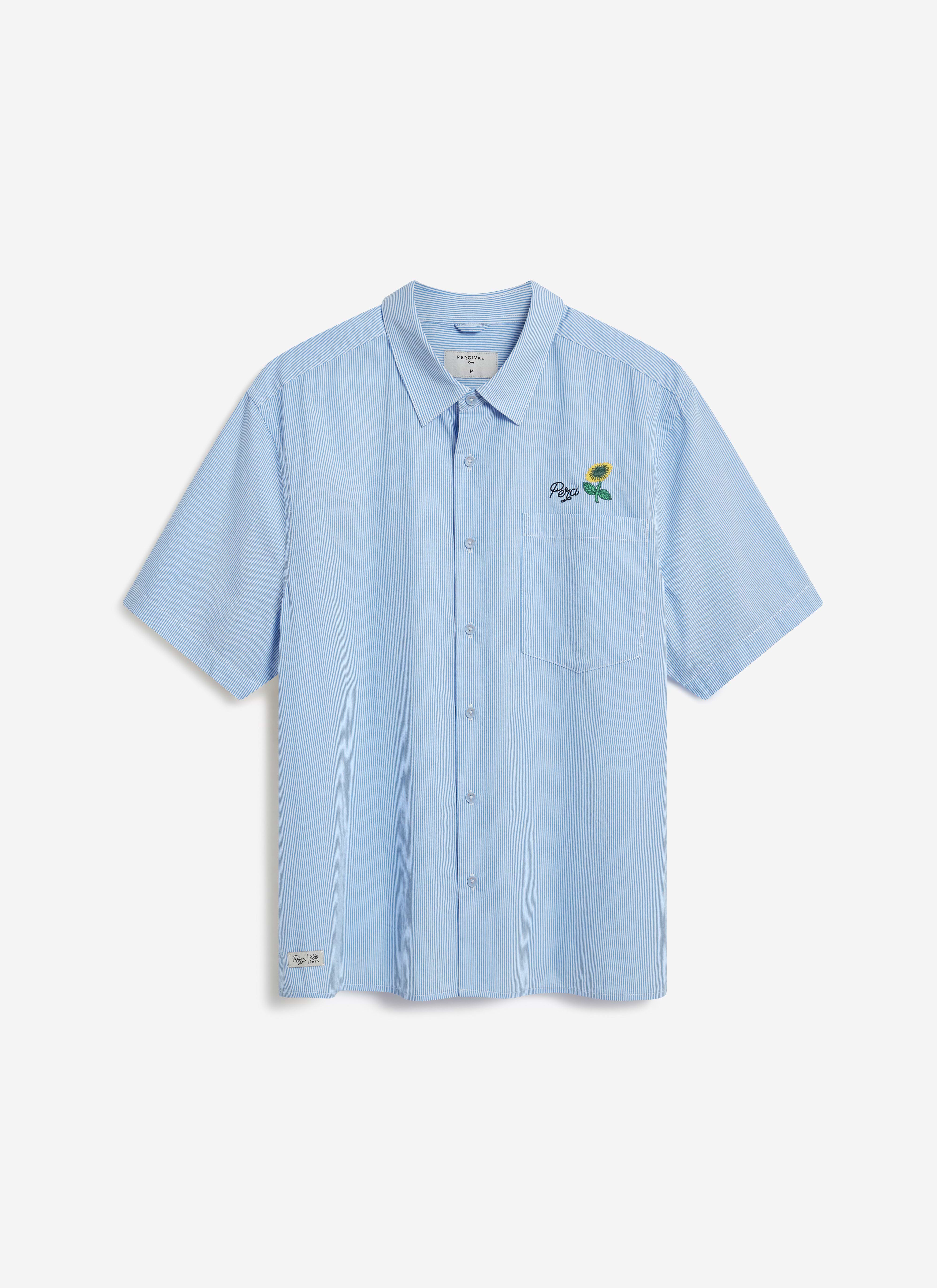 Front view of the Percival Sunflower Stripe Shirt in blue cotton, featuring a fine pinstripe and sunflower chest embroidery.