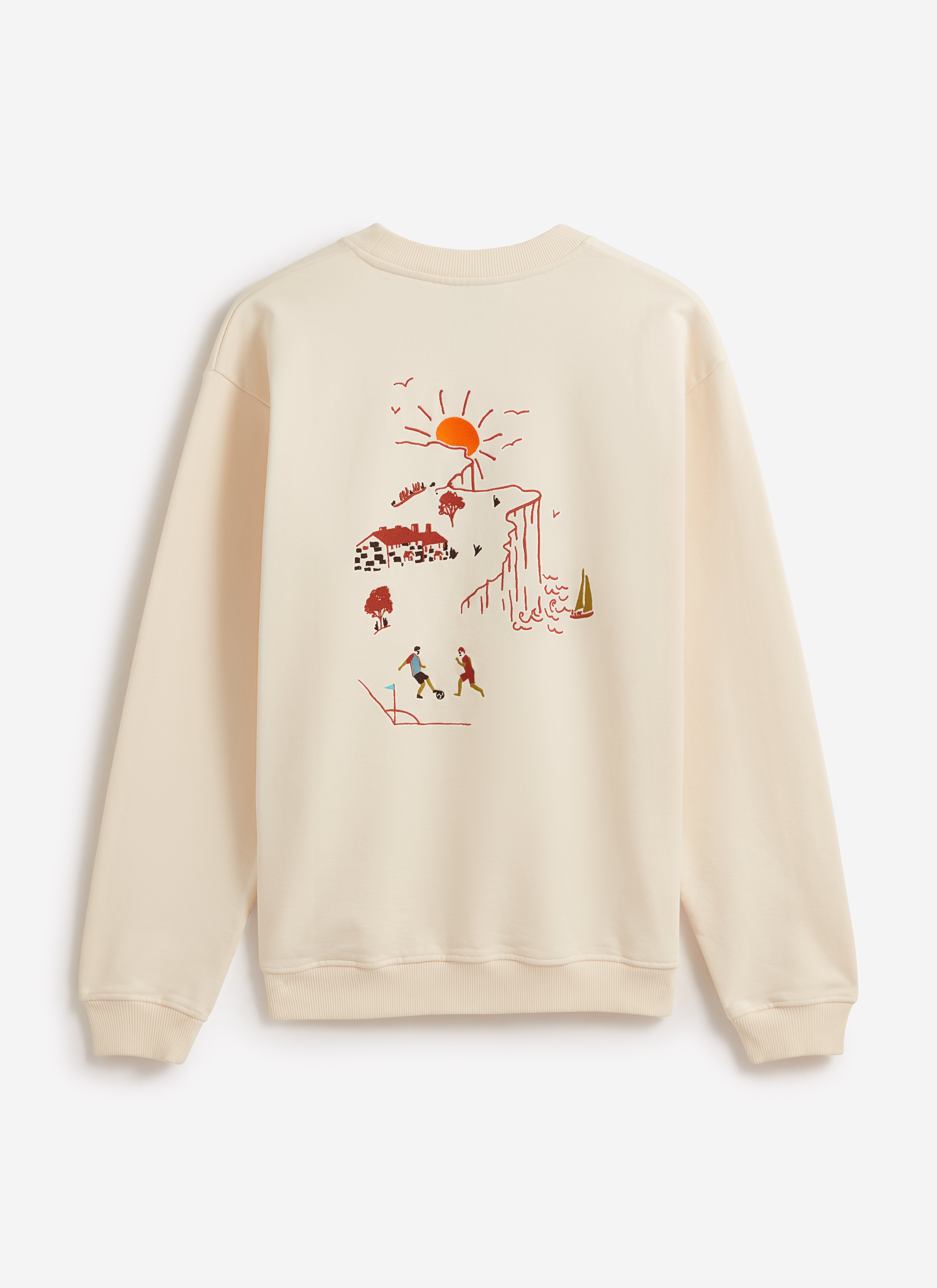 Back view of the cream Percival x Brighton & Hove Albion F.C. sweatshirt, featuring a large scenic Brighton embroidery.