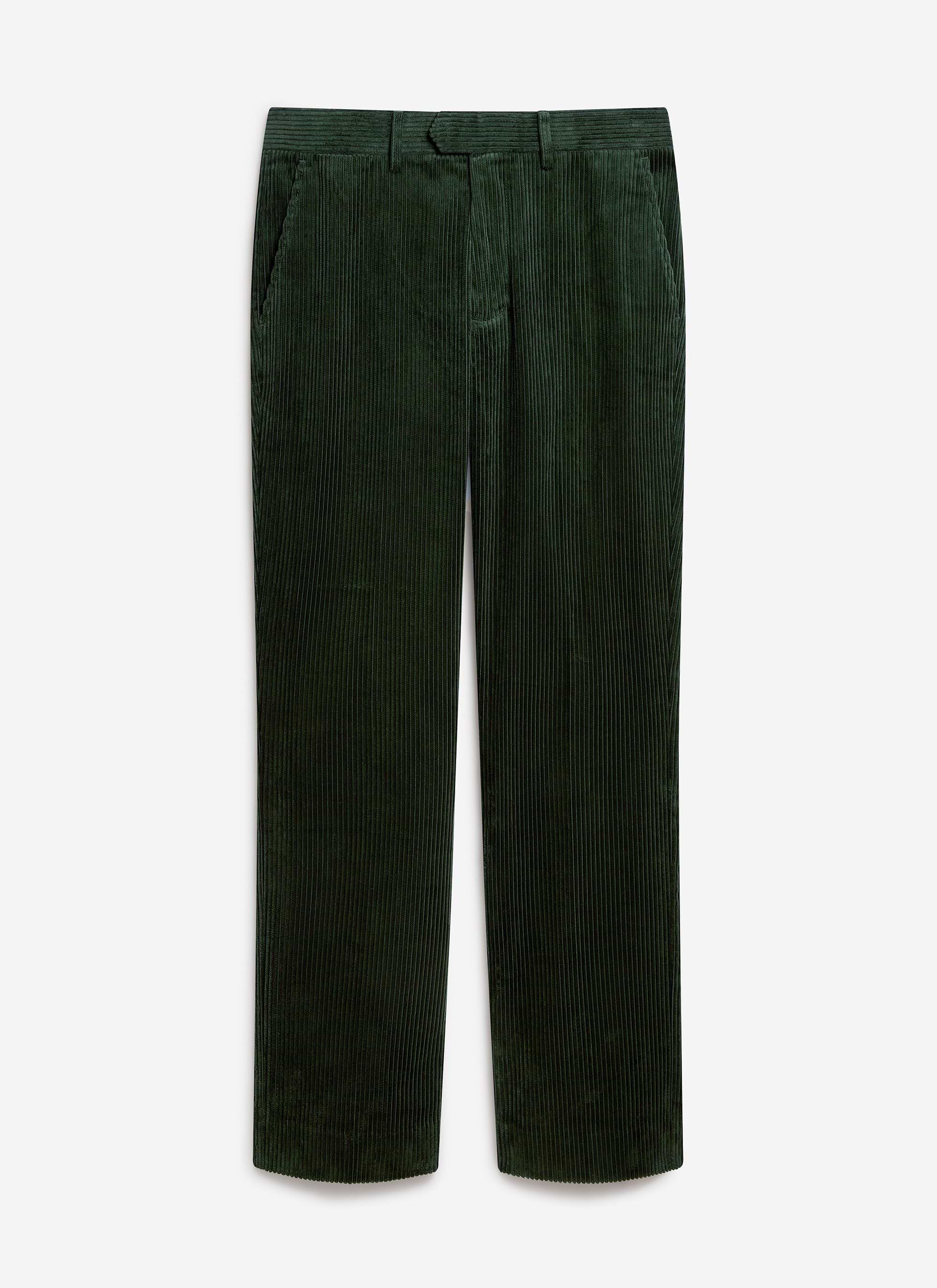 A studio shot of the Percival Tailored Chunky Cord Trousers in forest green, laid flat against a light grey background.